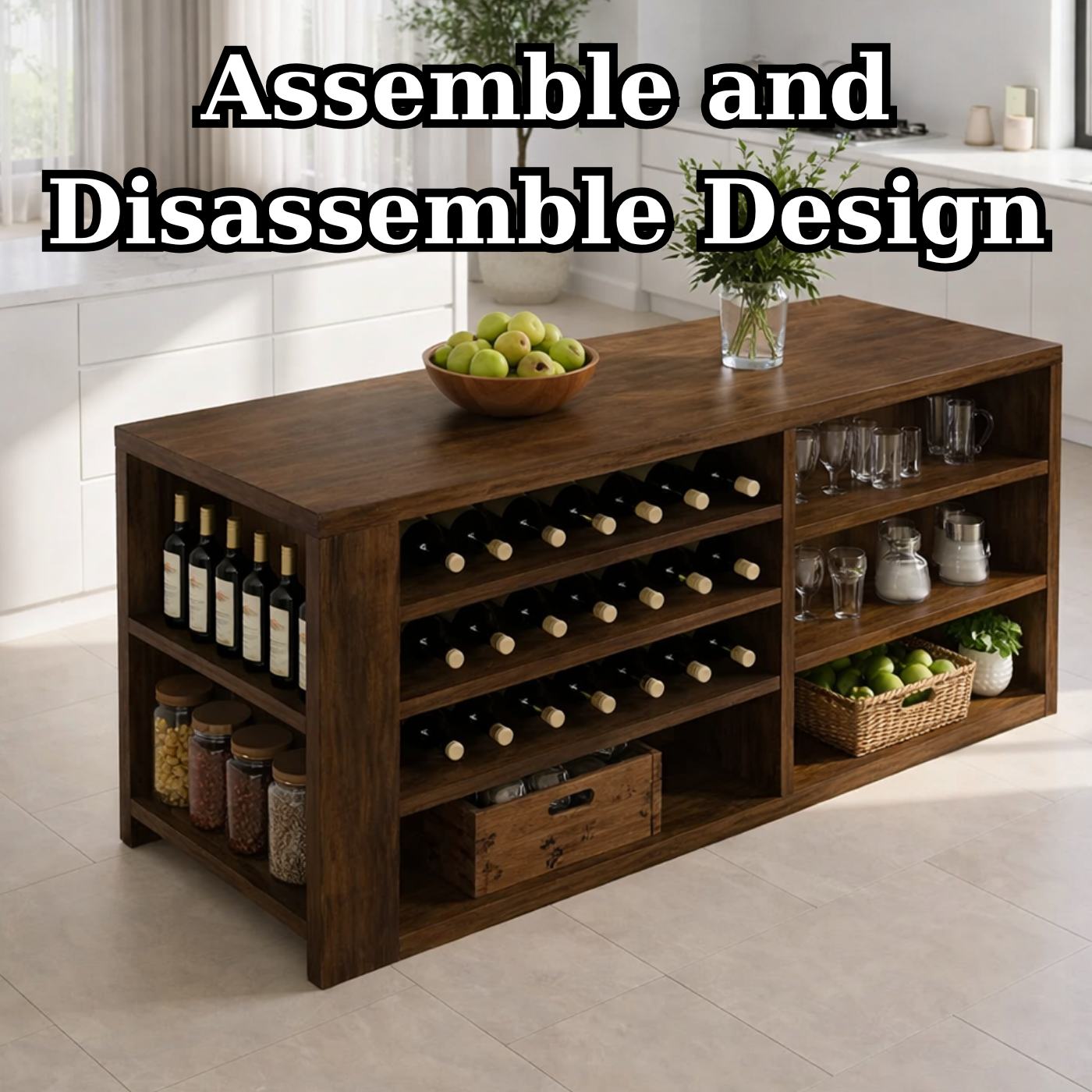 Solid Wood Kitchen Island with Wine Rack & Storage Shelves