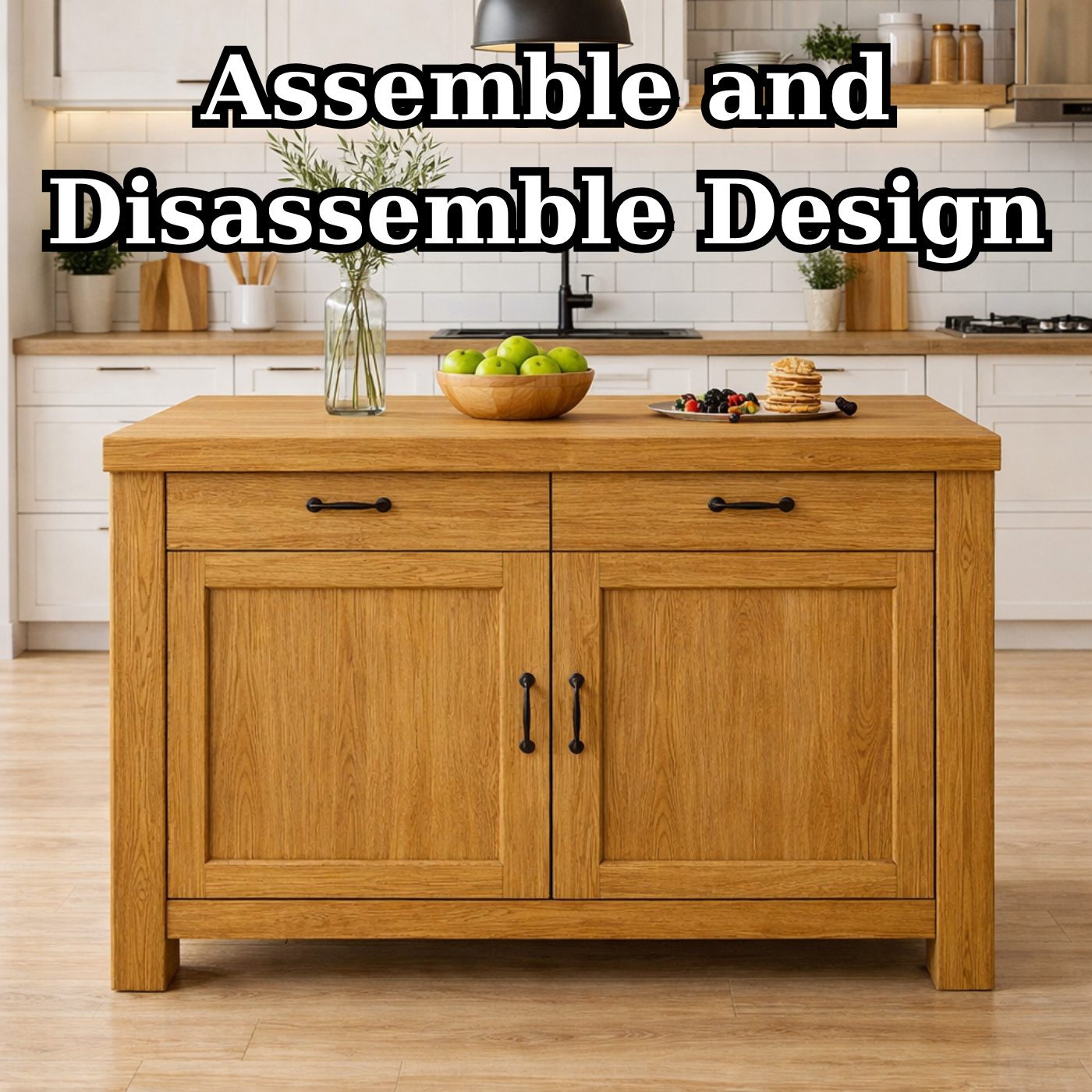 Solid Wood Kitchen Island with Drawers & Cabinet – Modern Farmhouse Kitchen Table