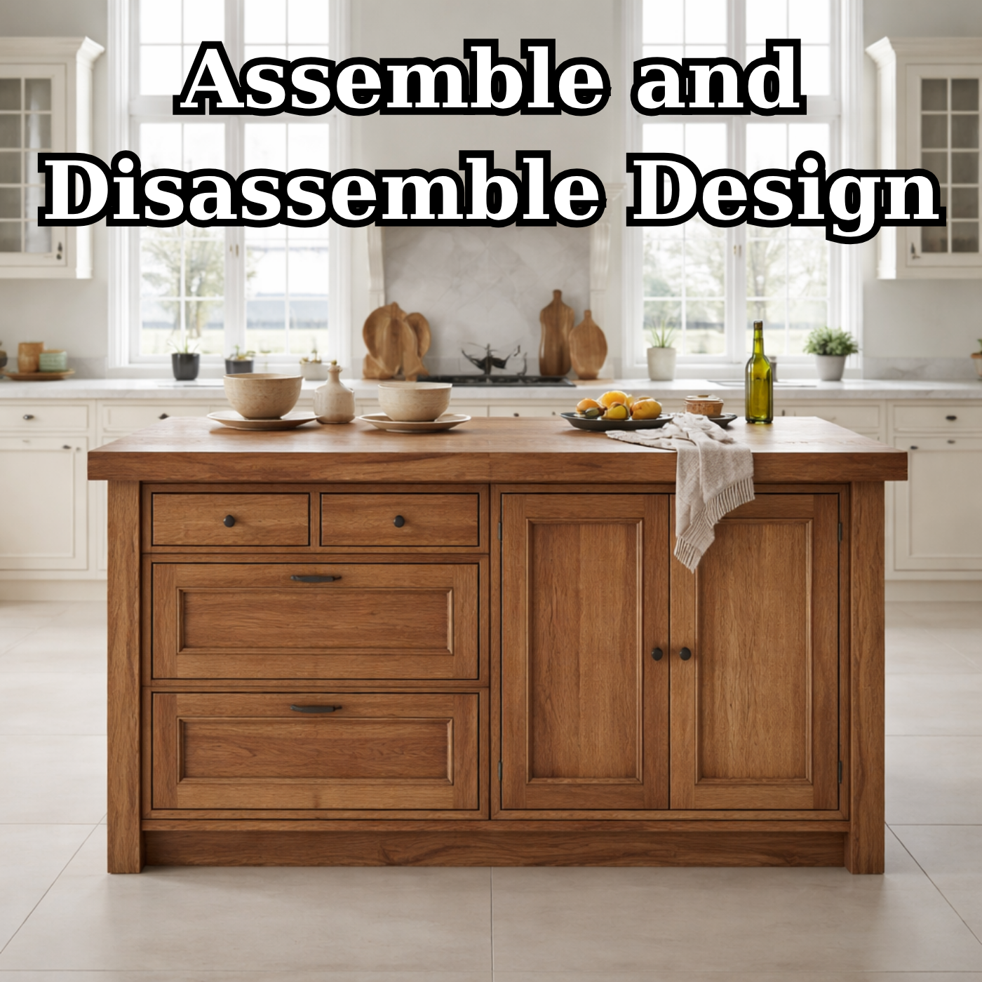Solid Wood Kitchen Island with Drawers & Cabinet – Farmhouse Kitchen Storage Table