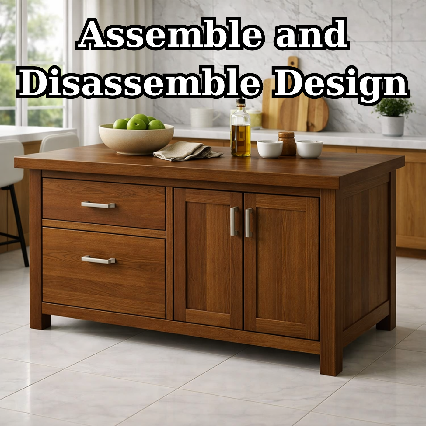 Solid Wood Kitchen Island with Drawers & Cabinet – Modern Kitchen Storage Table