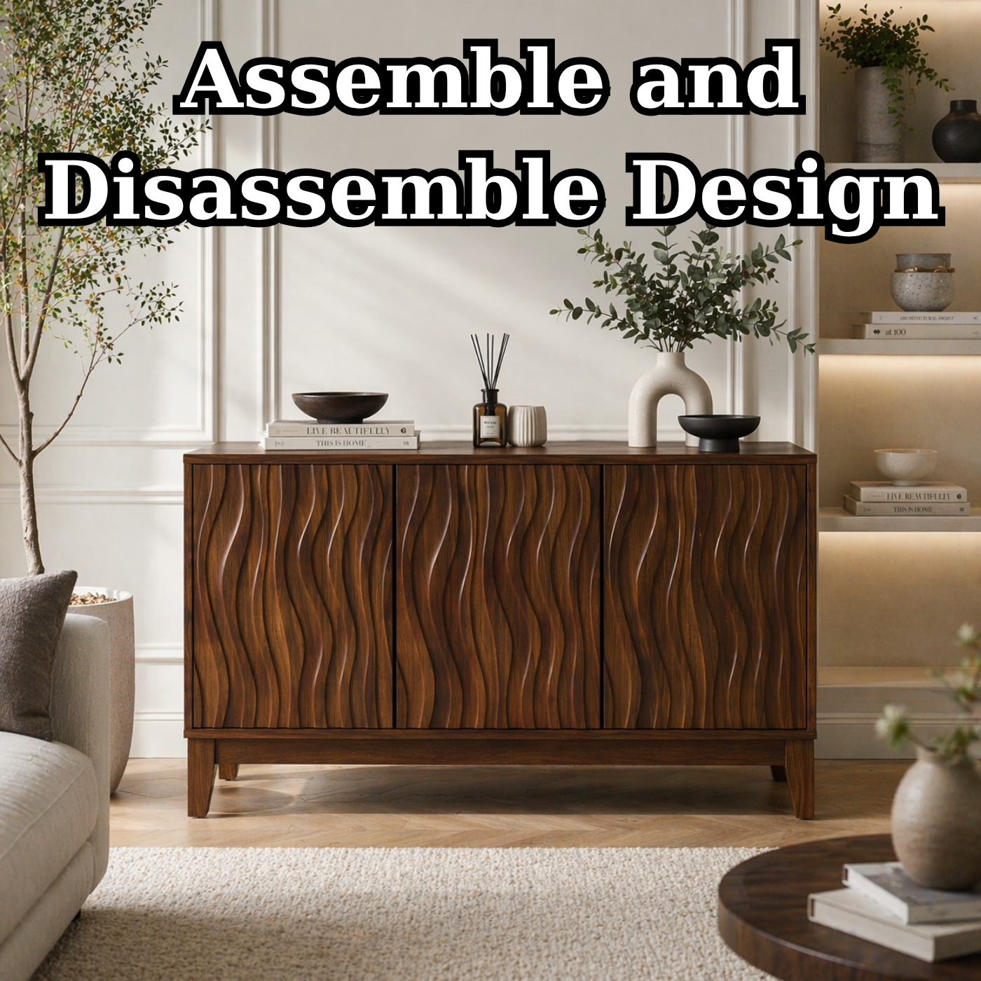 Solid Wood Fluted Console Sideboard – Modern Walnut Storage Cabinet