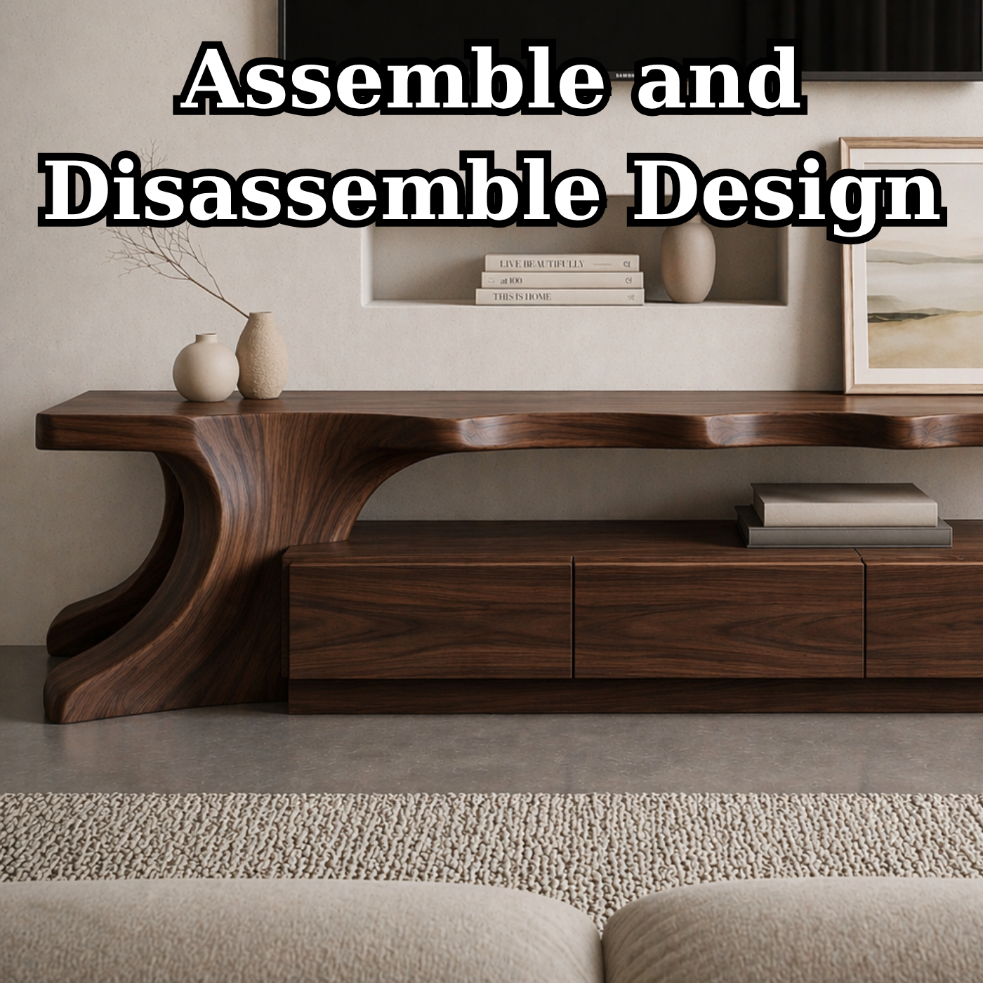 Solid Wood Sculptural TV Stand with Curved Base – Modern Media Console Table