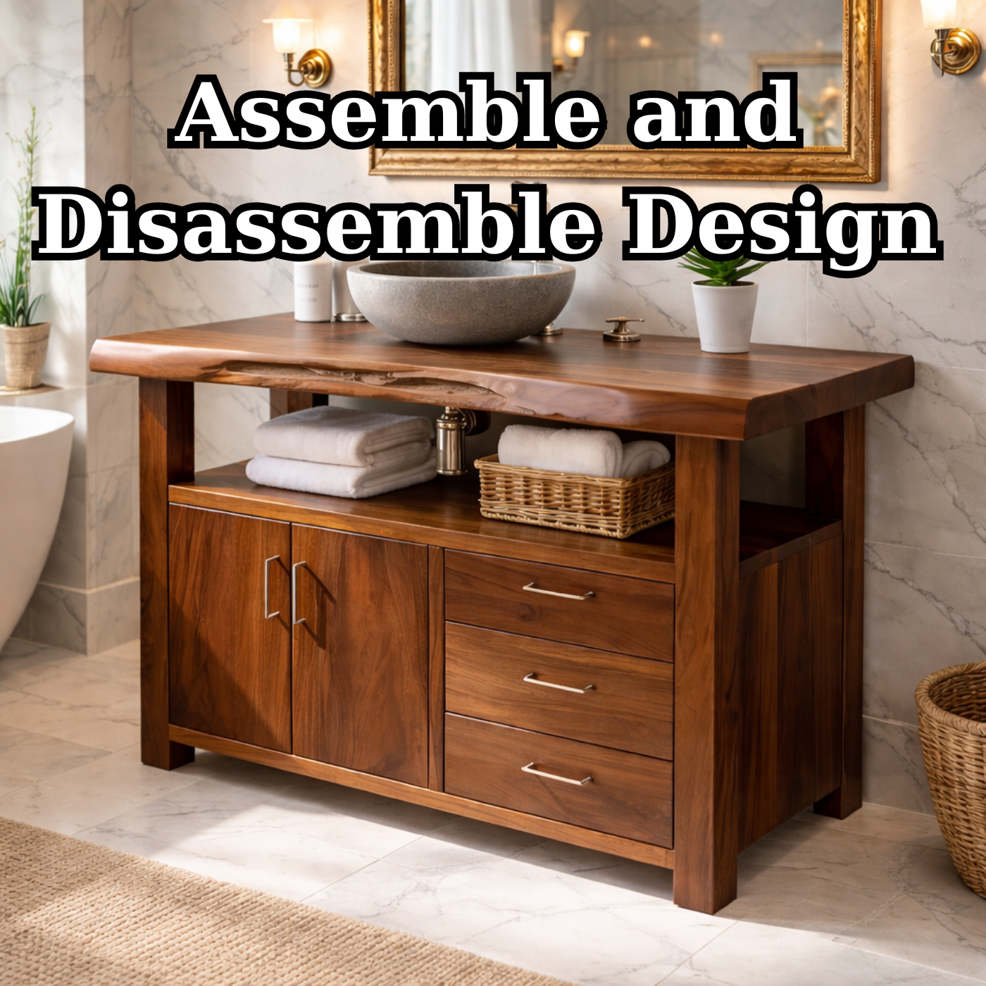 Live Edge Solid Wood Bathroom Vanity with Double Cabinet Doors, Three Drawers and Open Shelf