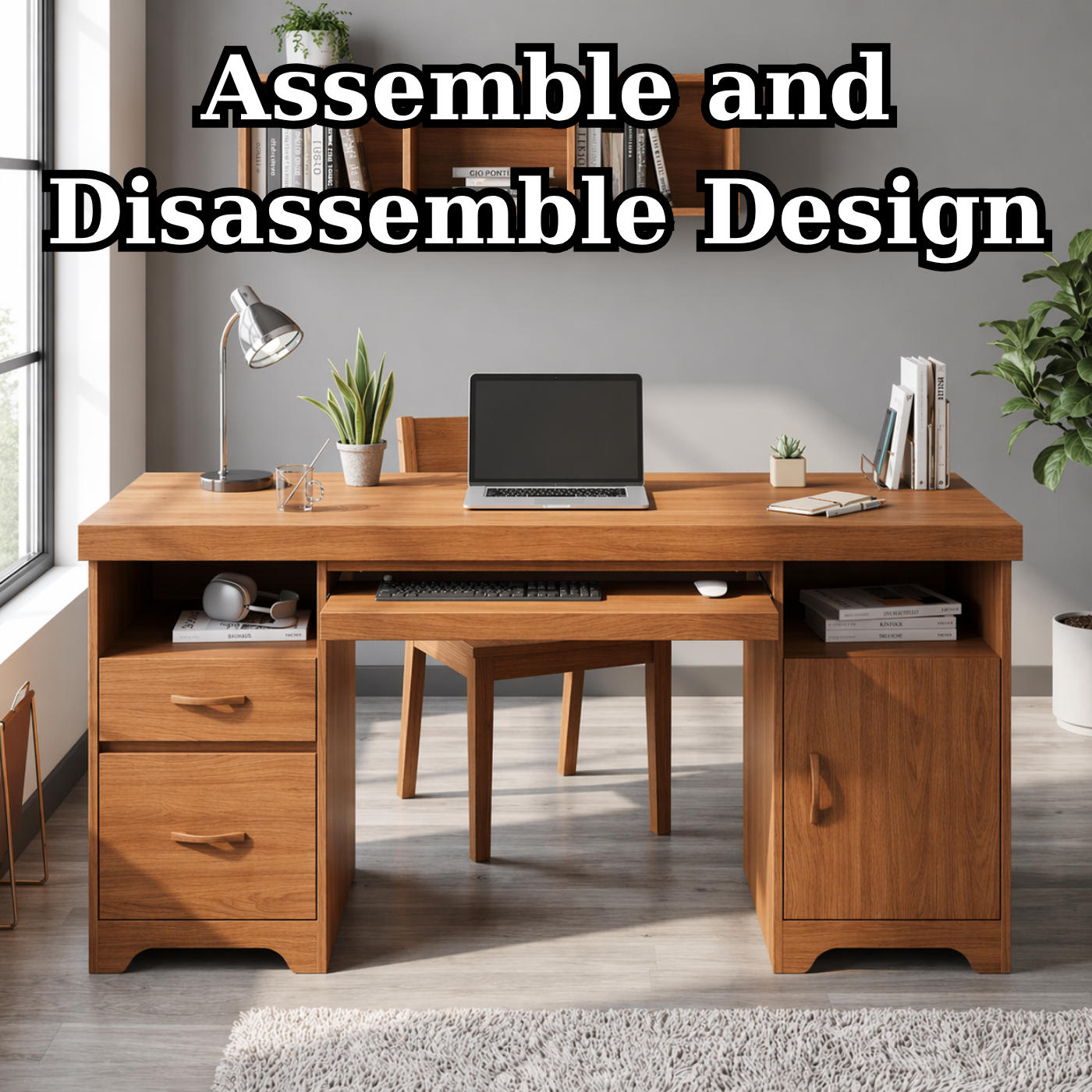 Solid Wood Writing Desk with Storage – Modern Home Office Desk with Drawers and Shelves