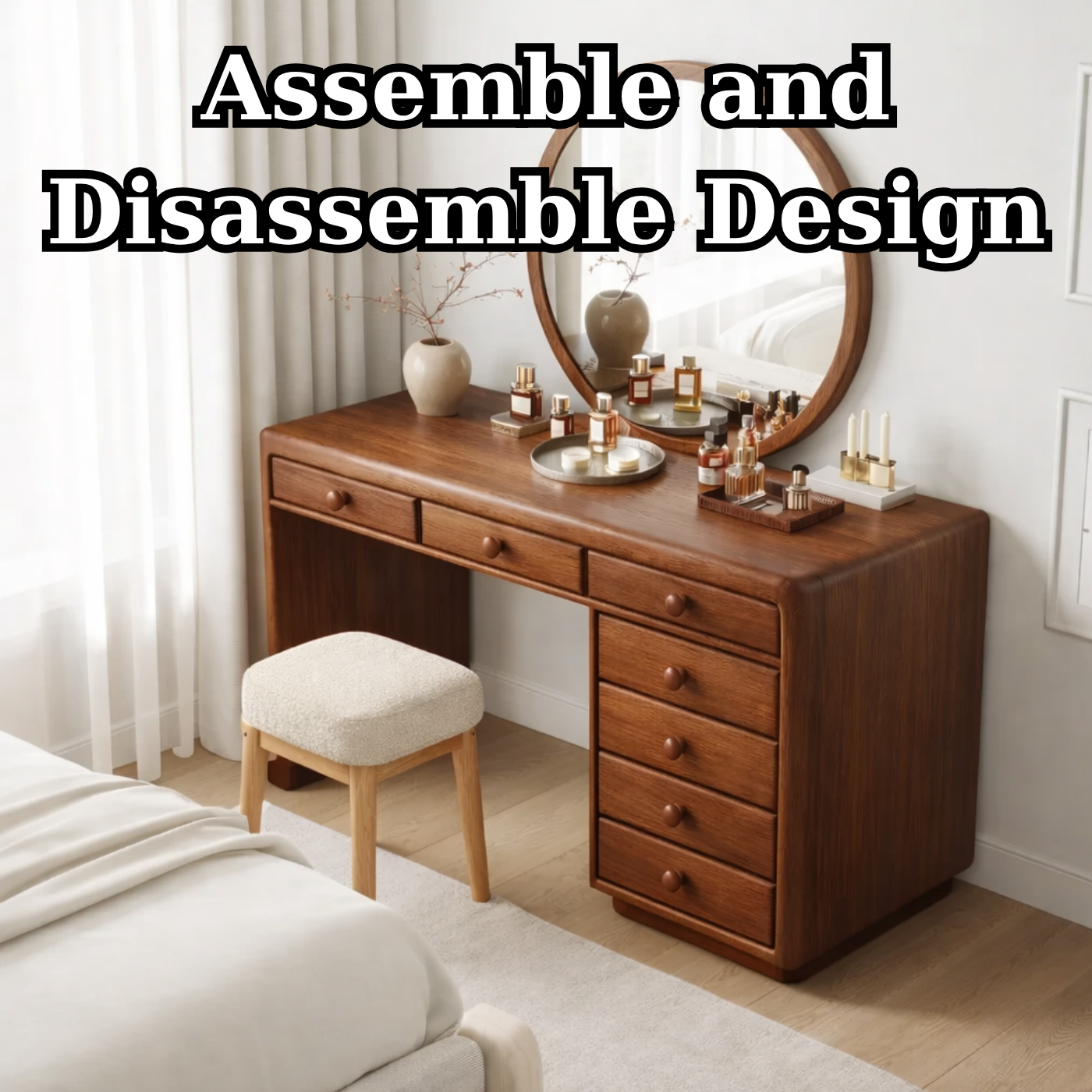 Solid Wood Makeup Vanity Desk with 7 Drawers, Modern Wooden Dressing Table with Rounded Edges