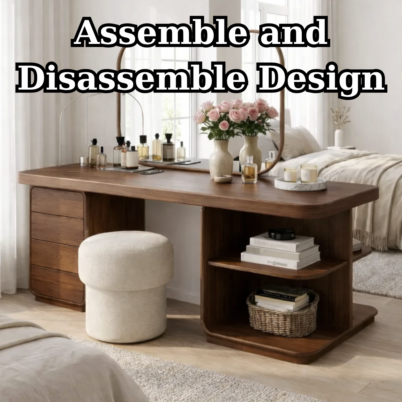 Solid Wood Makeup Vanity Desk with Side Open Shelves and Storage Drawers