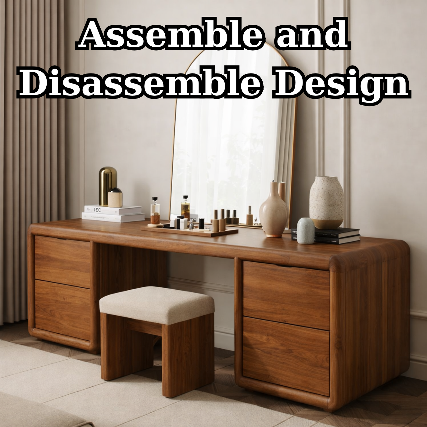 Solid Wood Makeup Vanity Desk with 4 Drawers, Rounded Waterfall Wooden Dressing Table