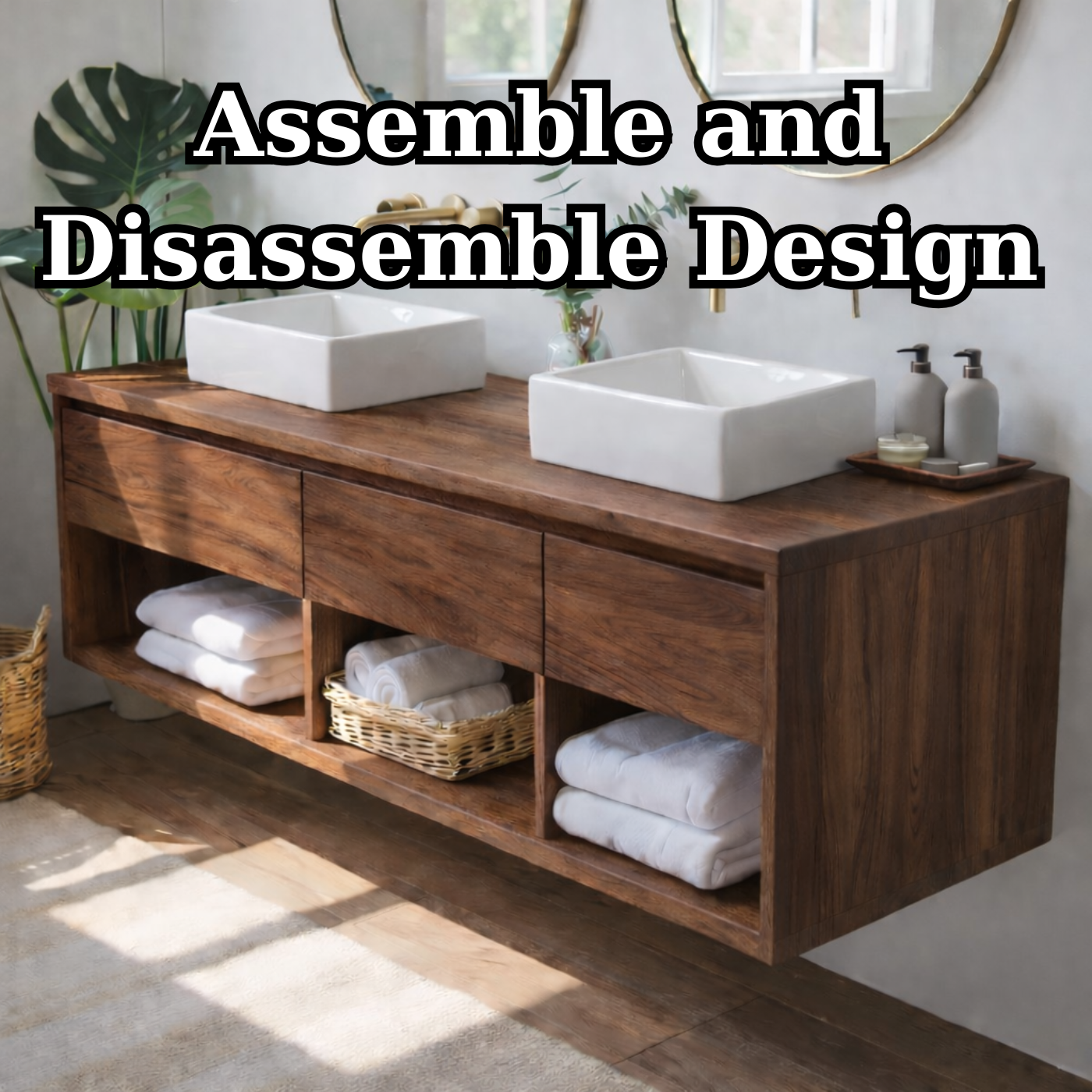 Floating Solid Wood Double Bathroom Vanity Cabinet with Open Cubby Shelves – Modern Organic Wall Mounted Design