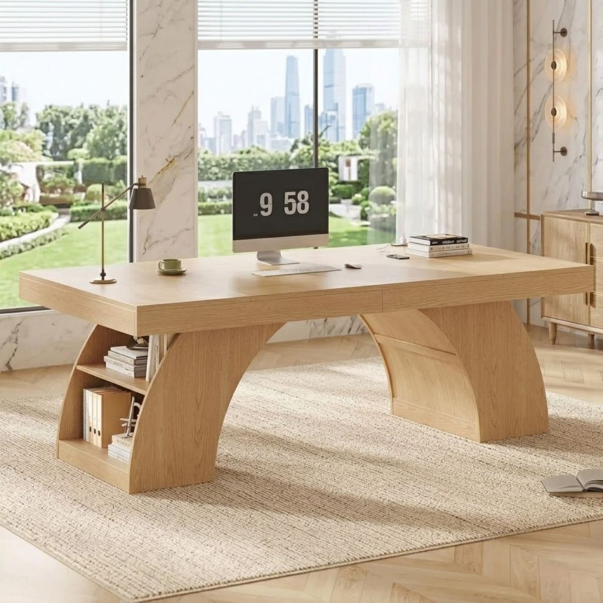Modern Executive Desk with Sculptural Base, Storage Shelves, Designer Workspace Office Table
