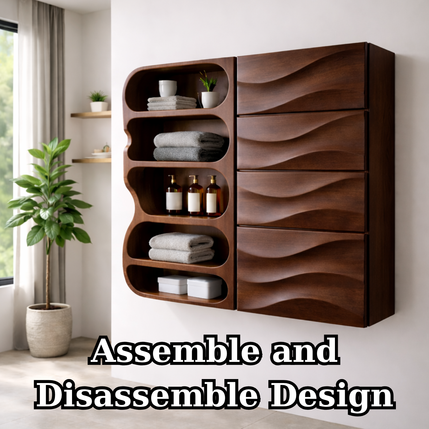 Solid Wood Floating Bathroom Cabinet with Wave Drawers & Open Shelves