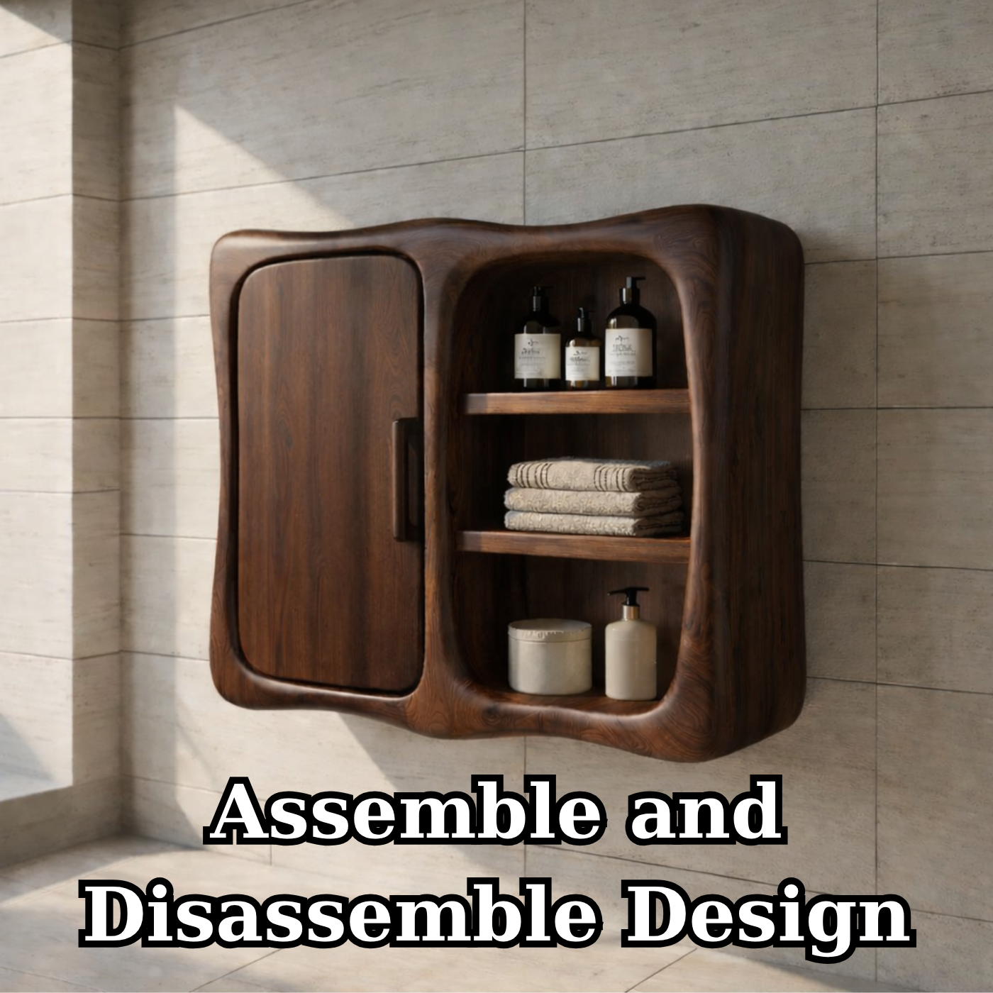 Solid Wood Wall Mounted Bathroom Cabinet – Curved Storage Cabinet with Open Shelf