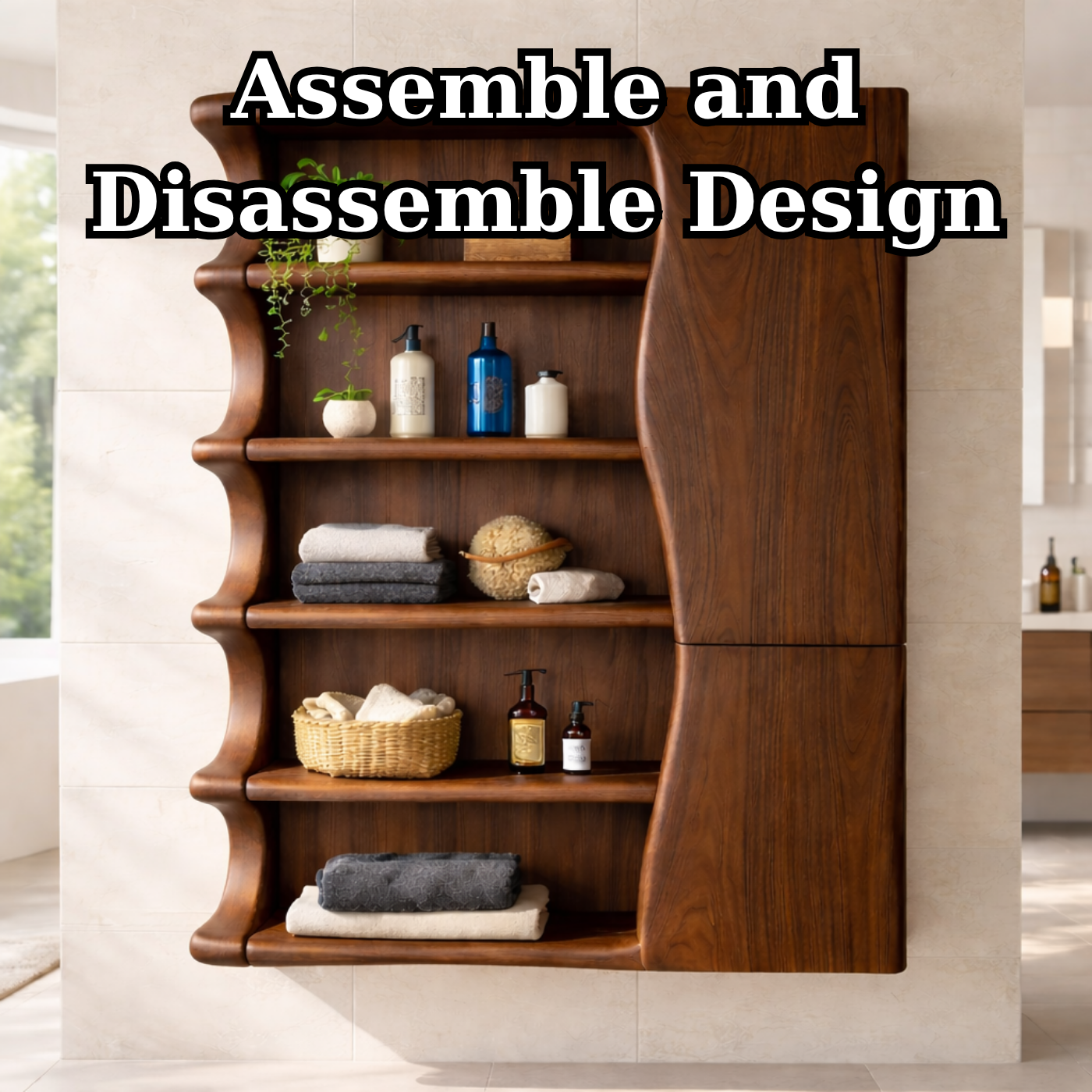 Solid Wood Floating Bathroom Cabinet with Wave Edge Shelves & Storage Door