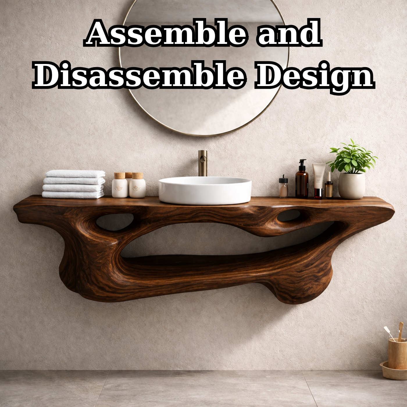 Solid Wood Floating Bathroom Vanity with Sculptural Live Edge – Modern Organic Wall Mounted Cabinet