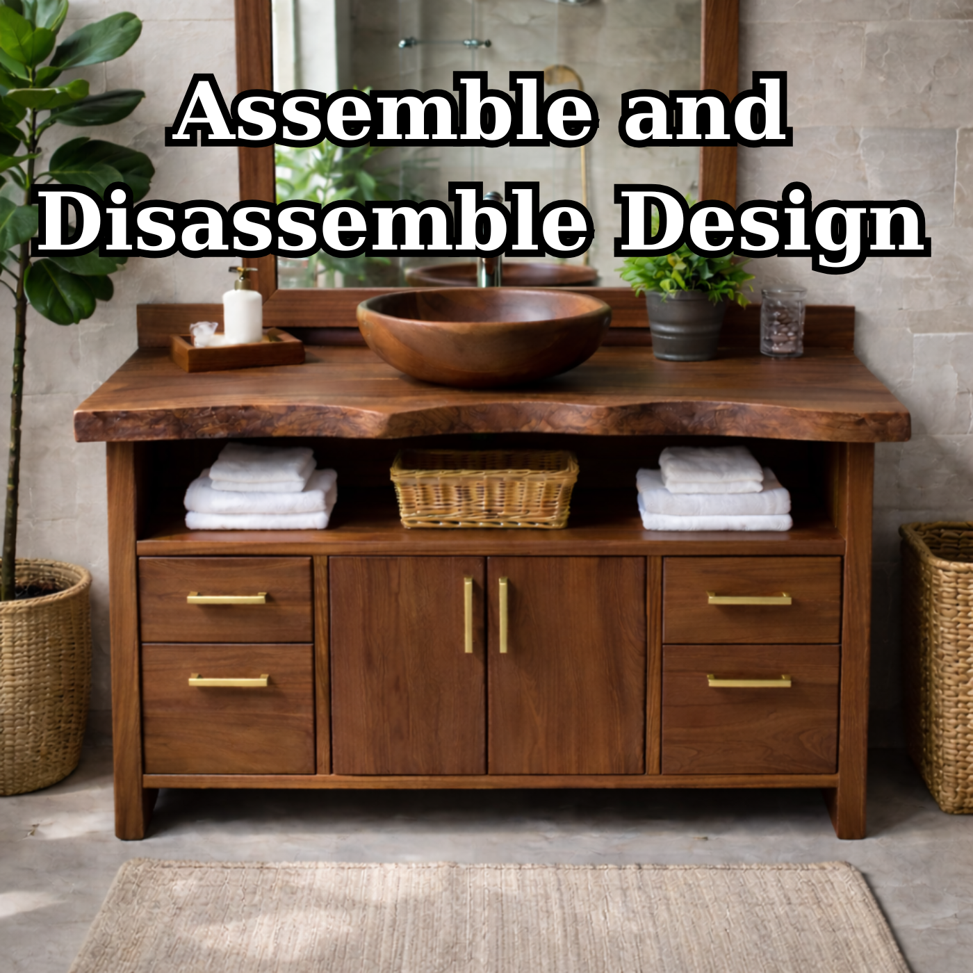 Live Edge Solid Wood Bathroom Vanity with Four Drawers, Double Cabinet Doors and Open Shelf