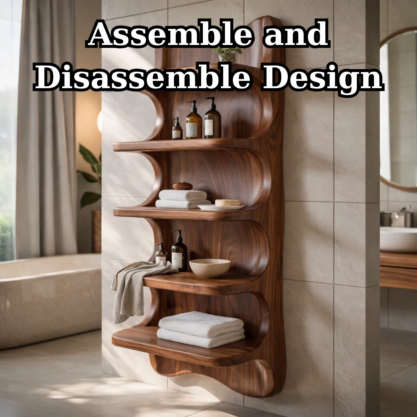 Solid Wood Wall Mounted Bathroom Shelf – Curved Storage Cabinet, Modern Floating Organizer