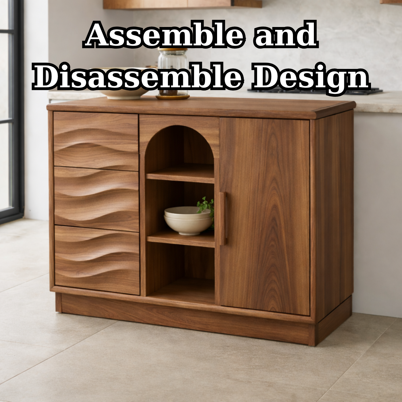 Solid Walnut Kitchen Island with Wave Drawers & Size Options