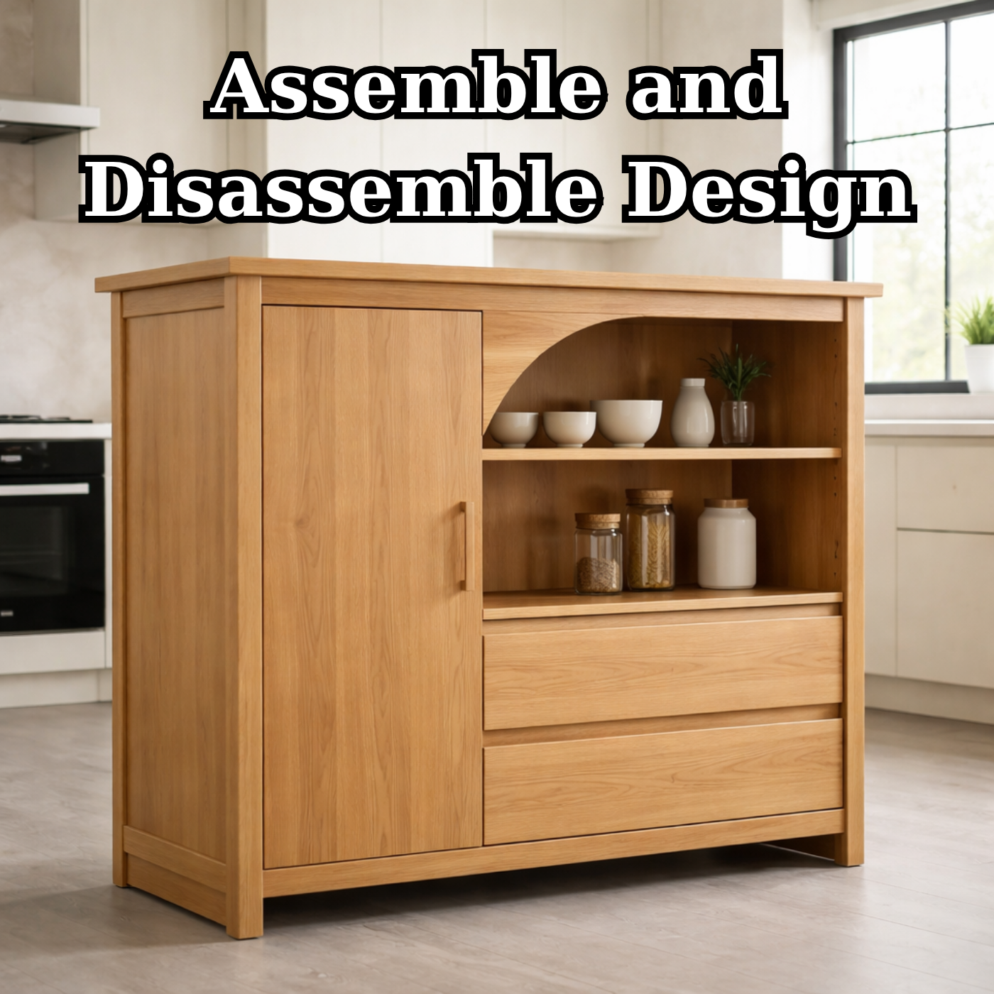Solid Oak Kitchen Island with Arched Open Shelf & Drawer Storage