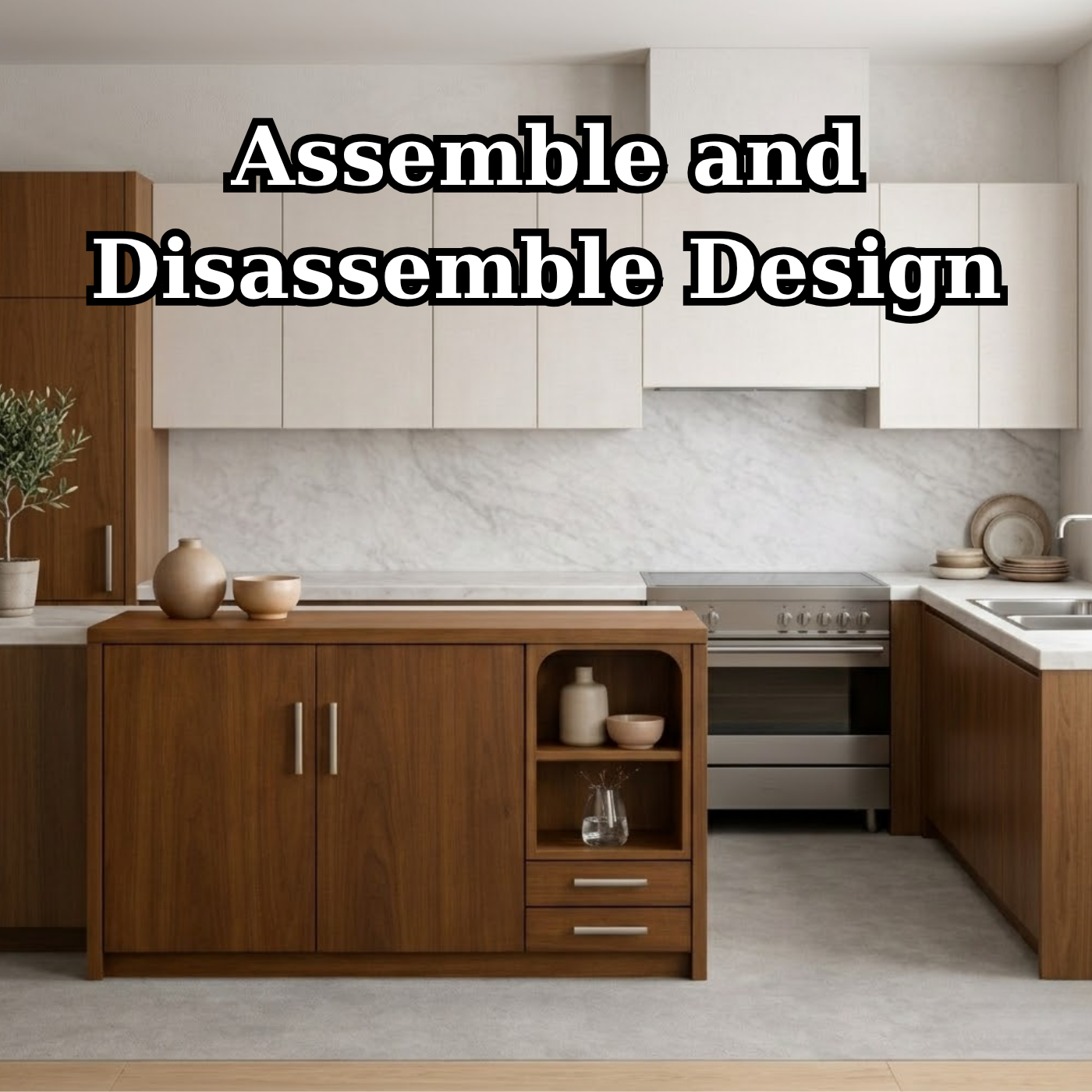 Solid Walnut Kitchen Island with Double Doors, Open Shelf & Drawer Storage