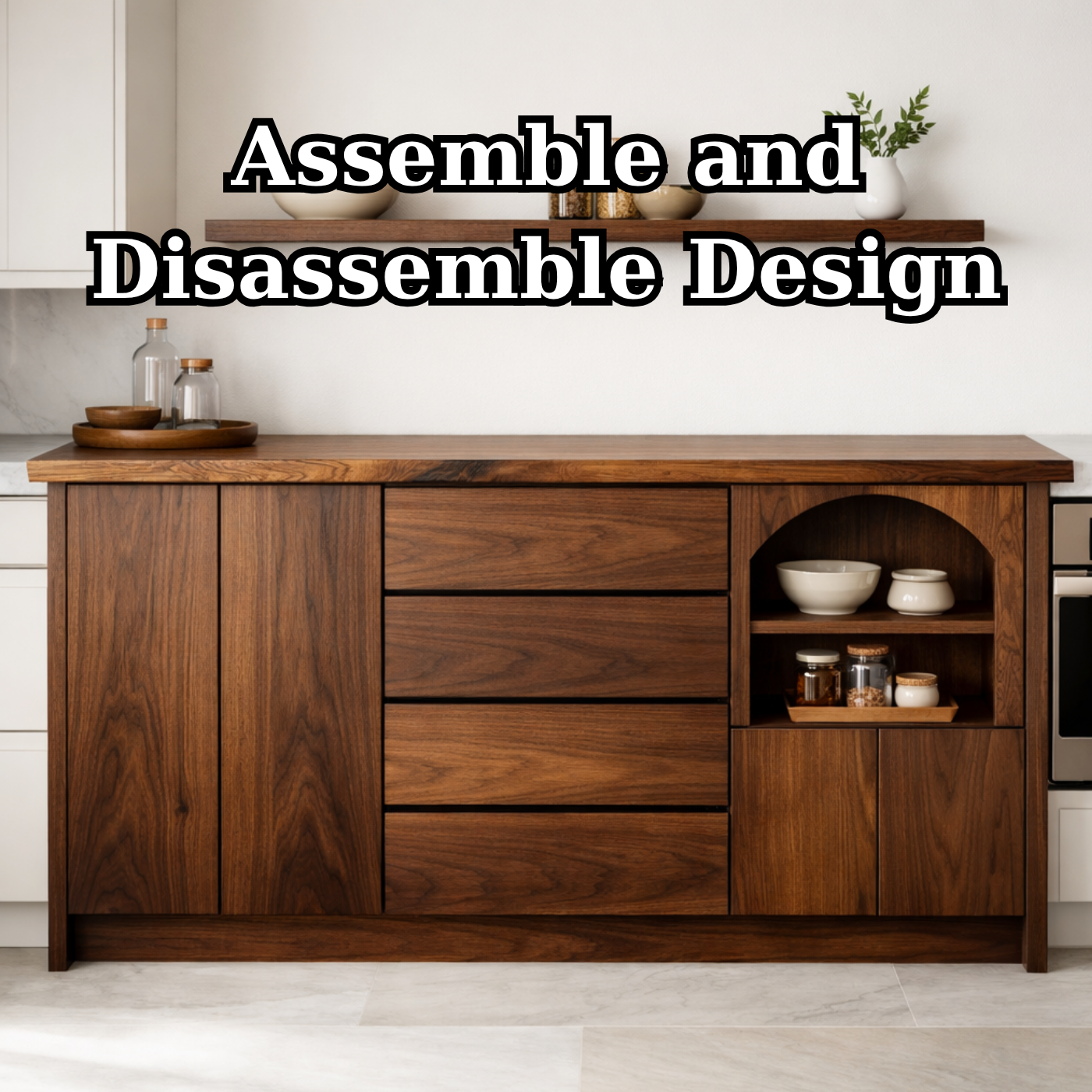 Solid Walnut Kitchen Island with Drawers, Doors & Arched Open Shelf