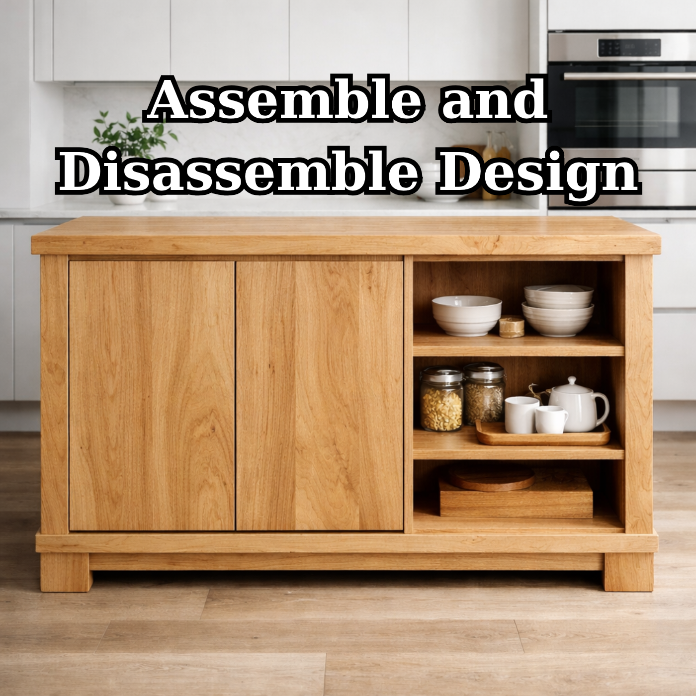 Solid Wood Kitchen Island with Doors & Open Shelf Storage