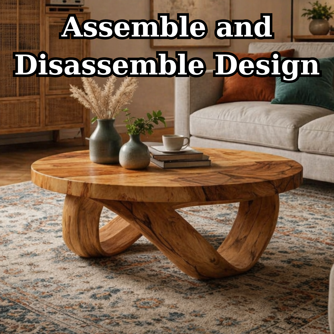 Round Solid Wood Coffee Table with Sculptural Curved Base in Warm Walnut Tone