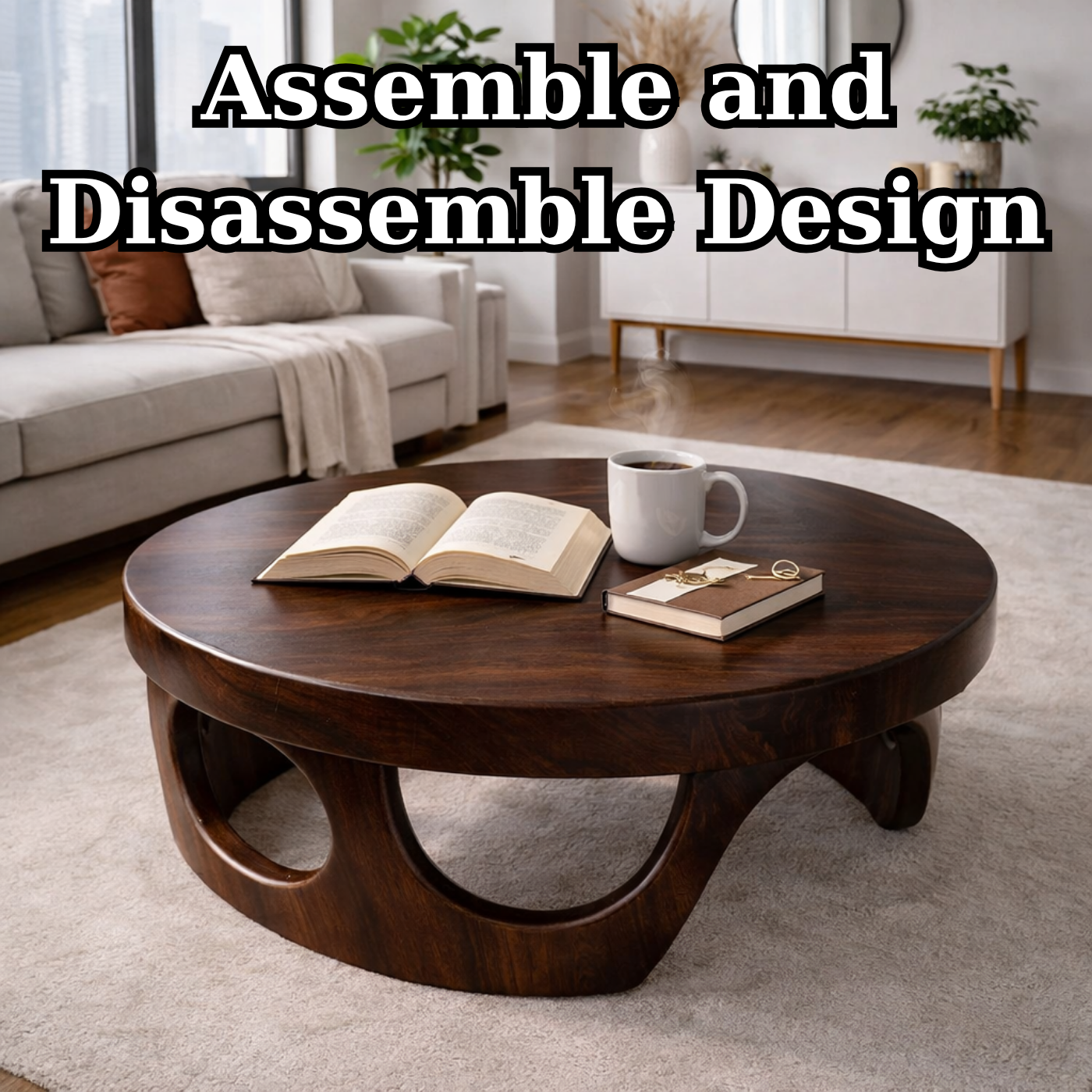 Round Solid Wood Coffee Table with Sculptural Base and Rich Walnut Finish