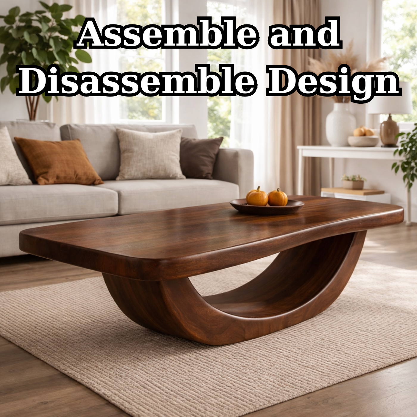 Solid Wood Coffee Table with Curved Sculptural Base and Thick Slab Top