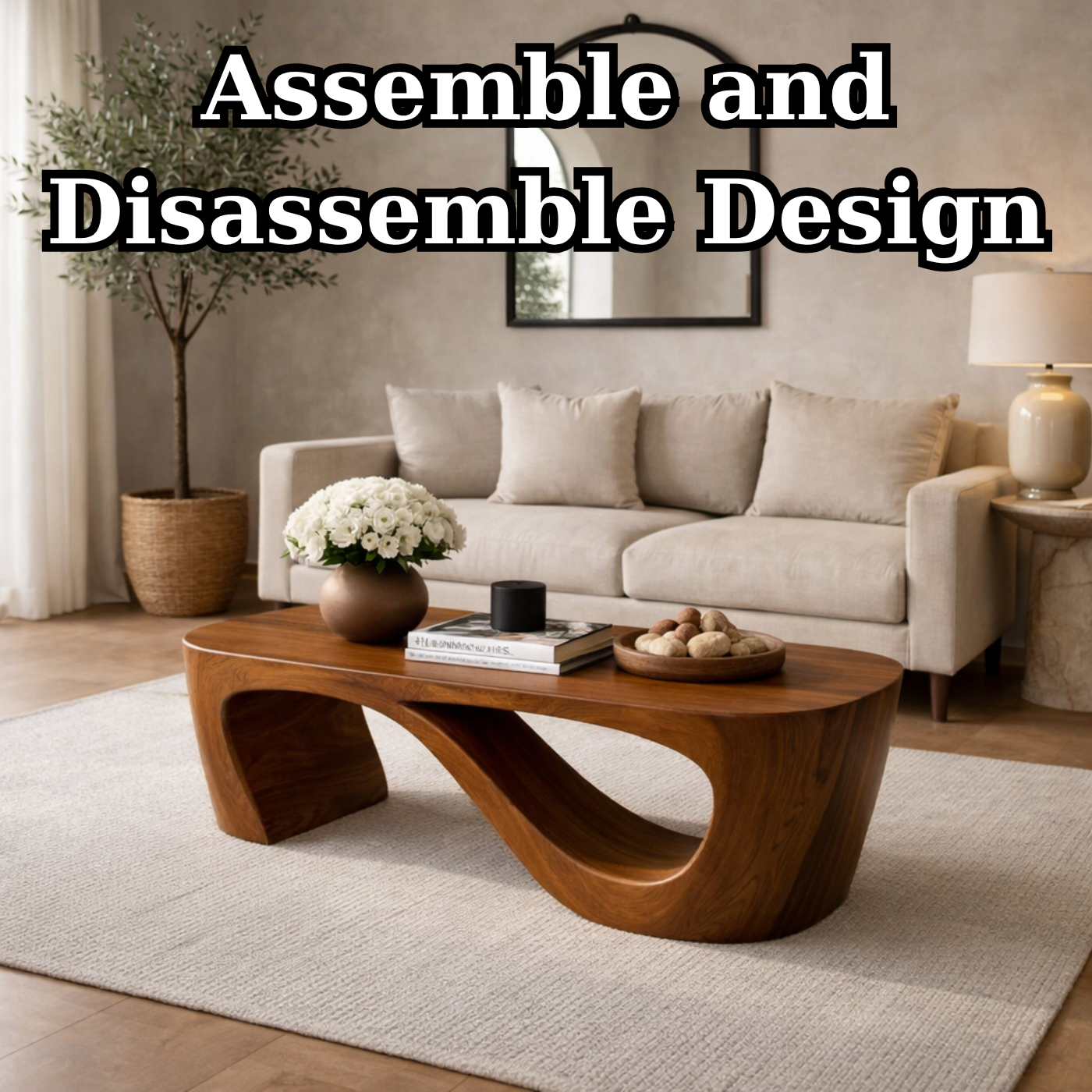 Solid Wood Coffee Table with Sculptural Curved Base and Organic Minimal Design