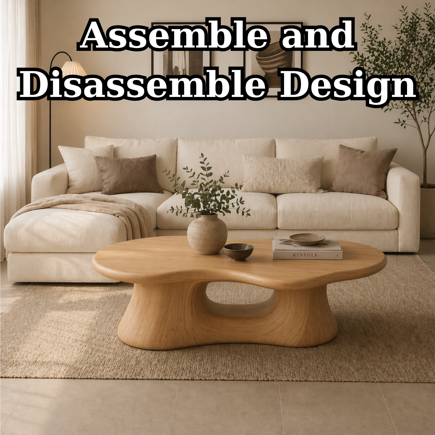 Solid Wood Coffee Table with Sculpted Base and Organic Top
