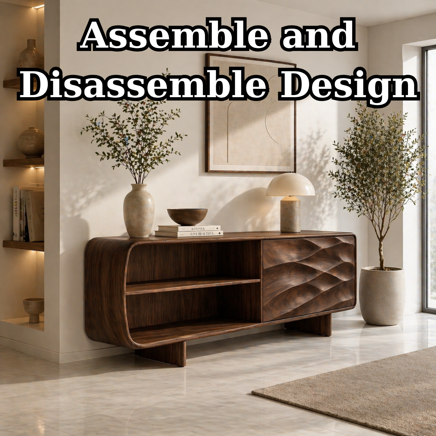 Solid Wood TV Stand with Curved Frame and Wave Carved Door in Walnut Finish