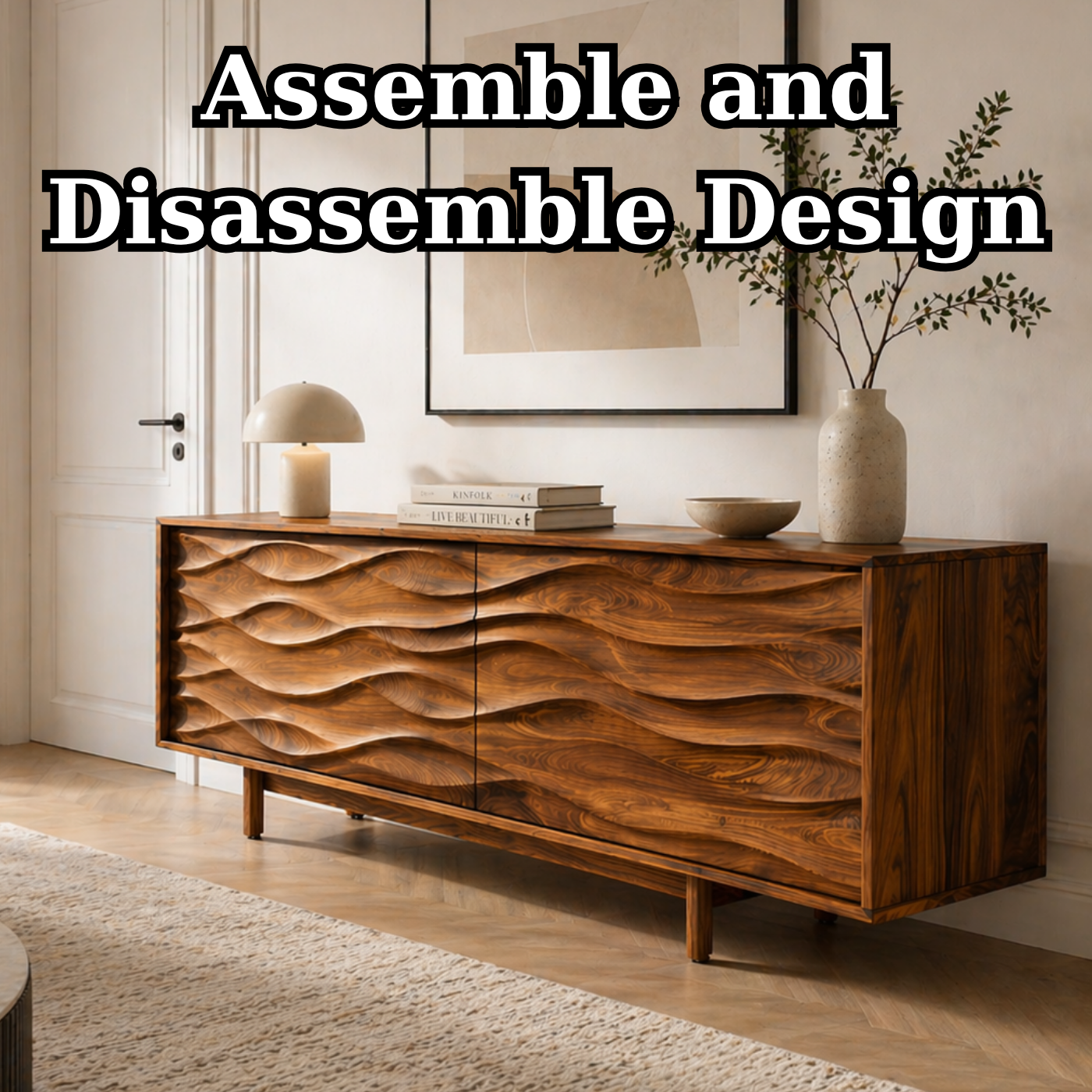 Solid Wood TV Stand with Sculpted Wave Carved Doors in Rich Walnut Finish