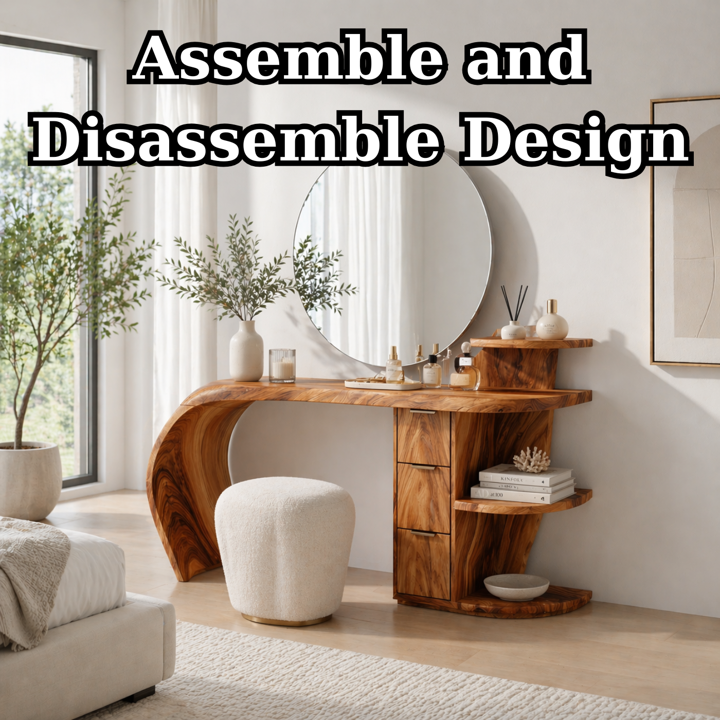 Solid Wood Makeup Vanity Desk with Sculptural Curved Design and Storage Drawers