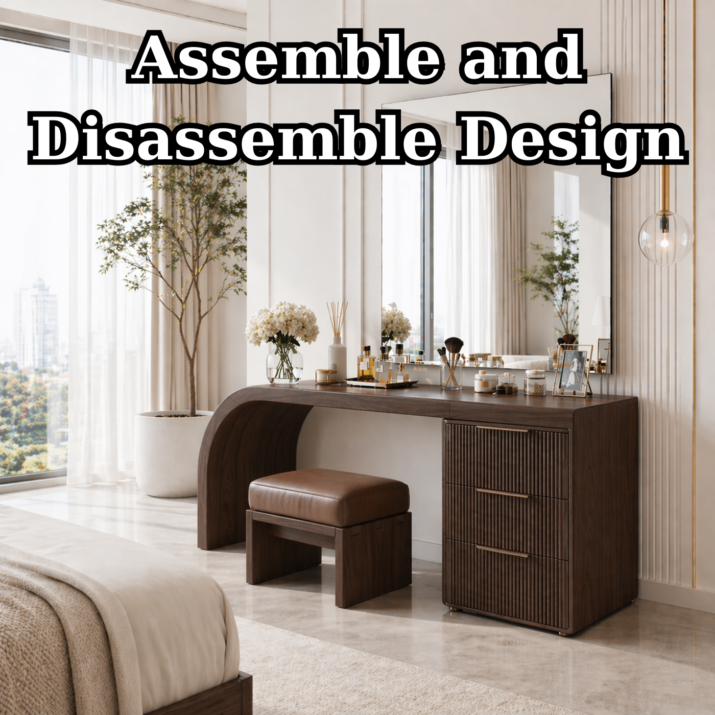 Solid Wood Makeup Vanity Desk with Curved Base and Fluted Drawer Cabinet