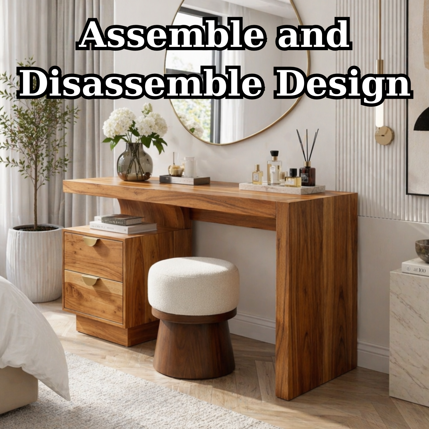 Solid Wood Makeup Vanity Desk with Thick Slab Design and Storage Drawers