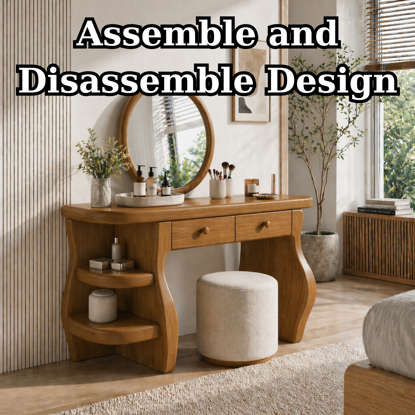 Solid Wood Makeup Vanity Desk with Sculptural Curved Base and Double Drawers