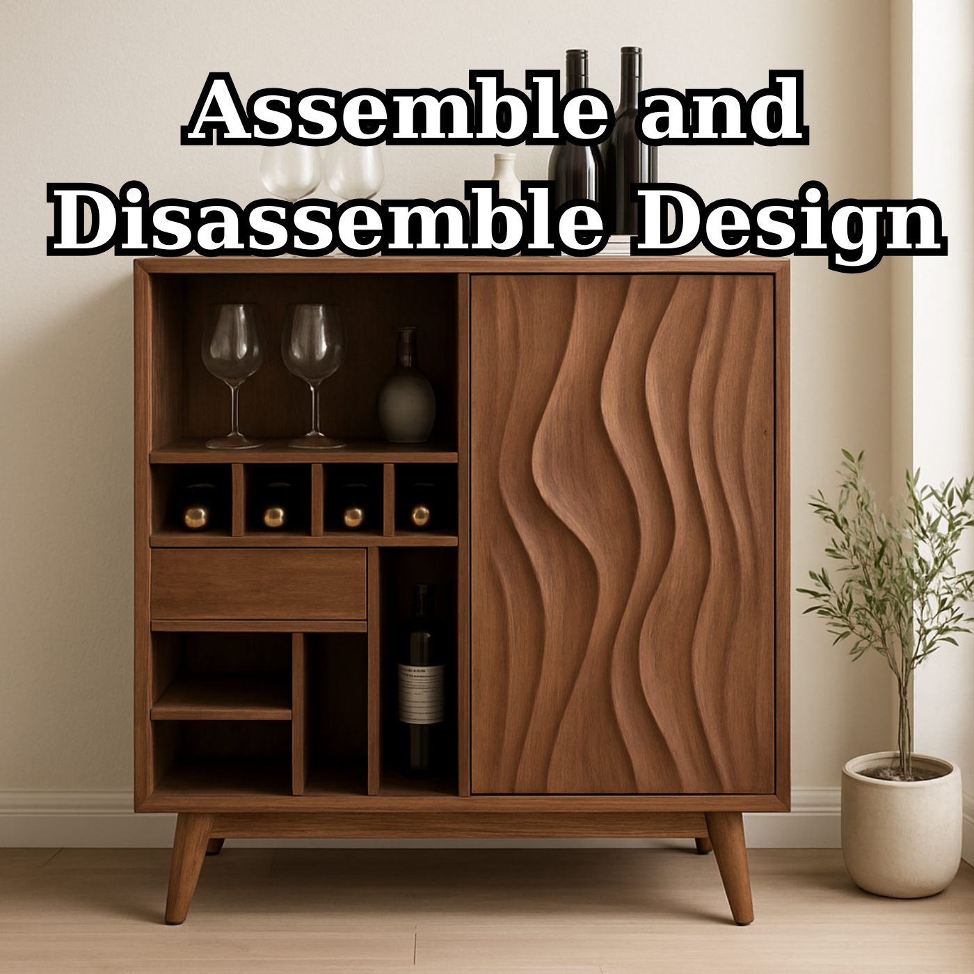 Solid Wood Wine Cabinet with Wave Carved Door and Compact Bottle Storage