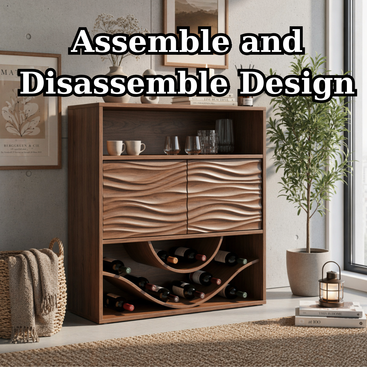 Solid Wood Wine Cabinet with Wave Carved Doors and Open Bottle Storage