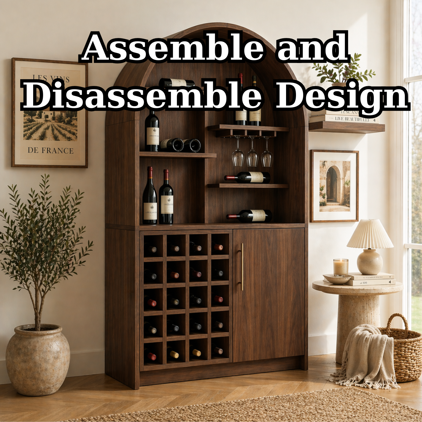Solid Wood Wine Cabinet with Arched Display Shelves and Bottle Storage