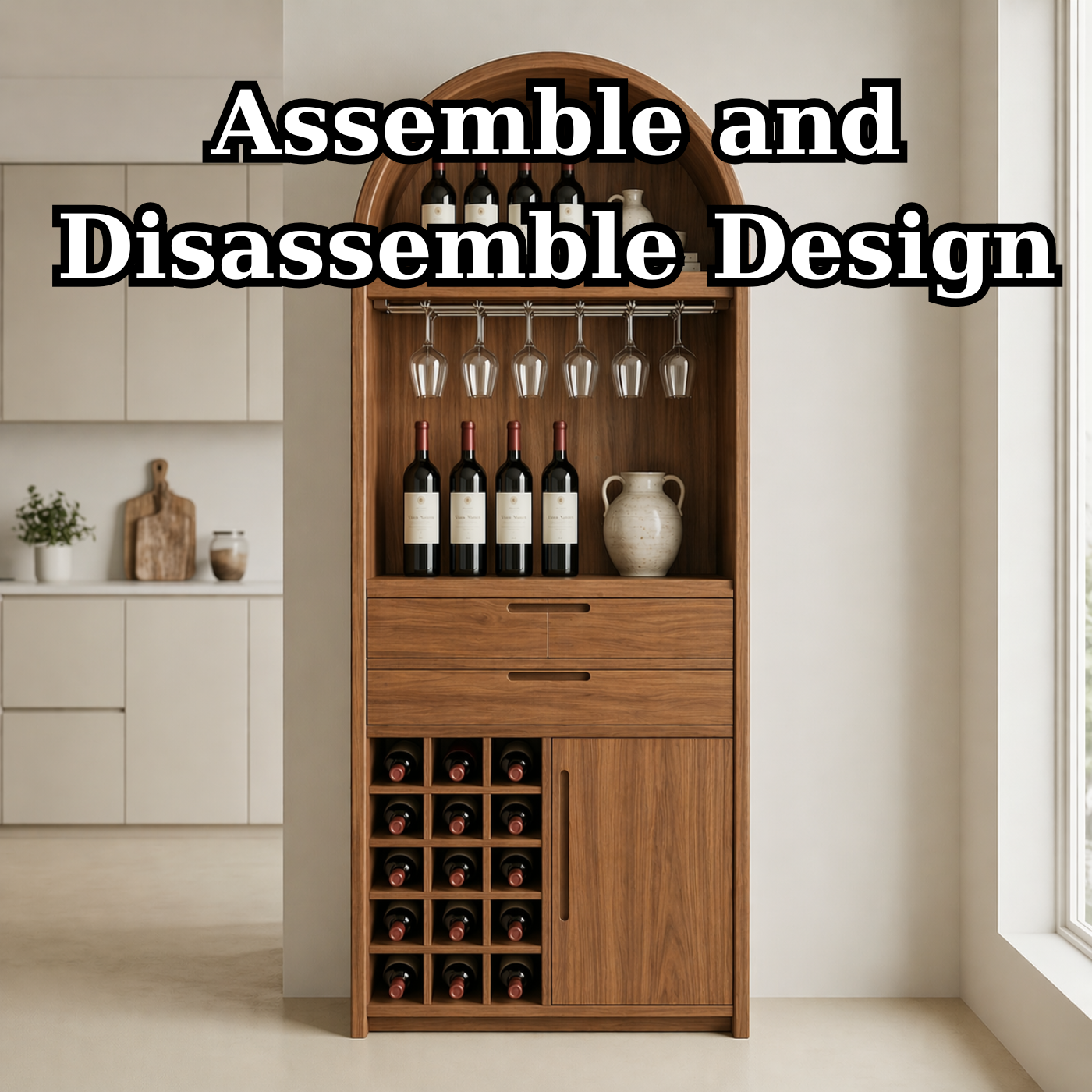 Solid Wood Wine Cabinet with Arched Top, Glass Holder and Bottle Storage