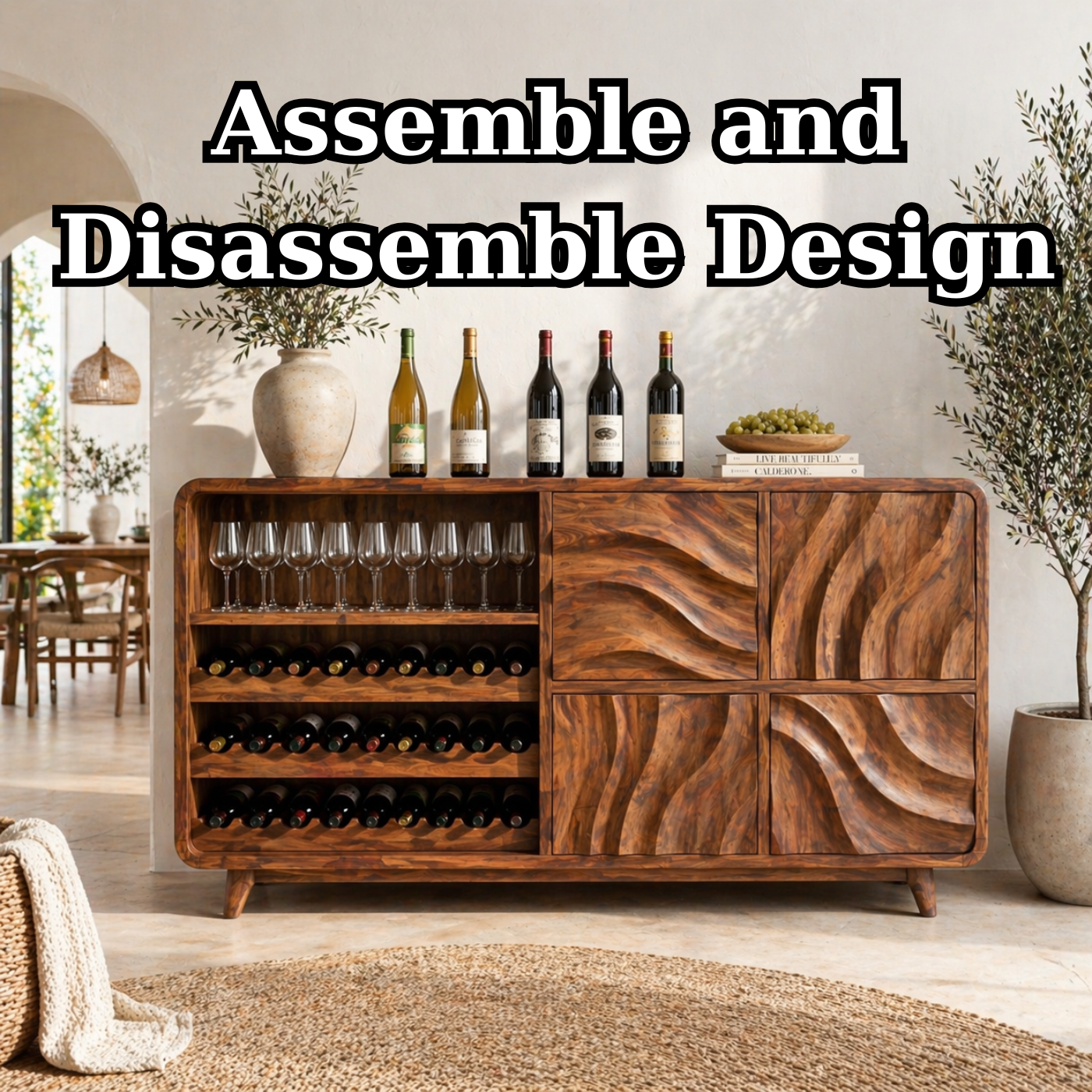 Solid Wood Wine Sideboard with Wave Carved Doors and Open Bottle Storage