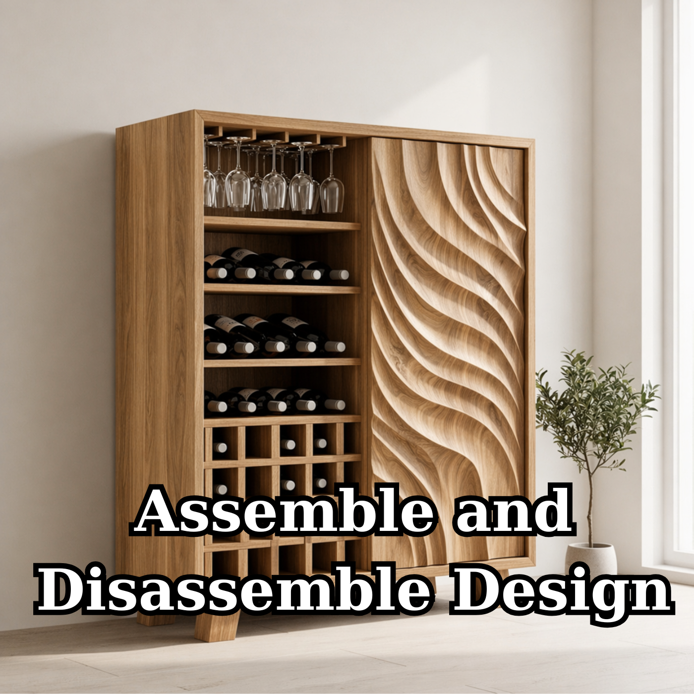 Solid Wood Wine Cabinet with Sculpted Wave Door and Bottle Storage