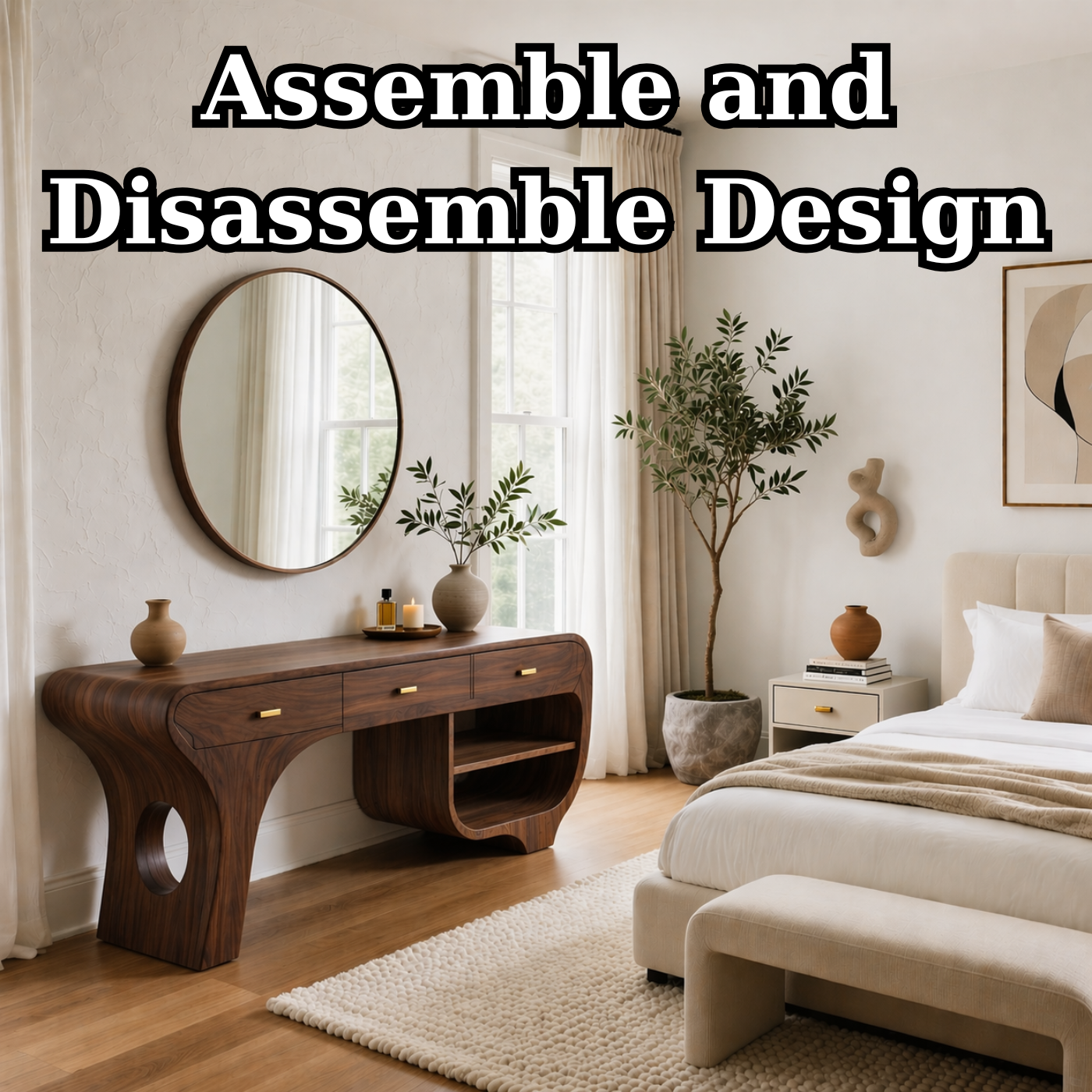 Solid Wood Makeup Vanity Desk with Sculptural Curved Design and Drawers