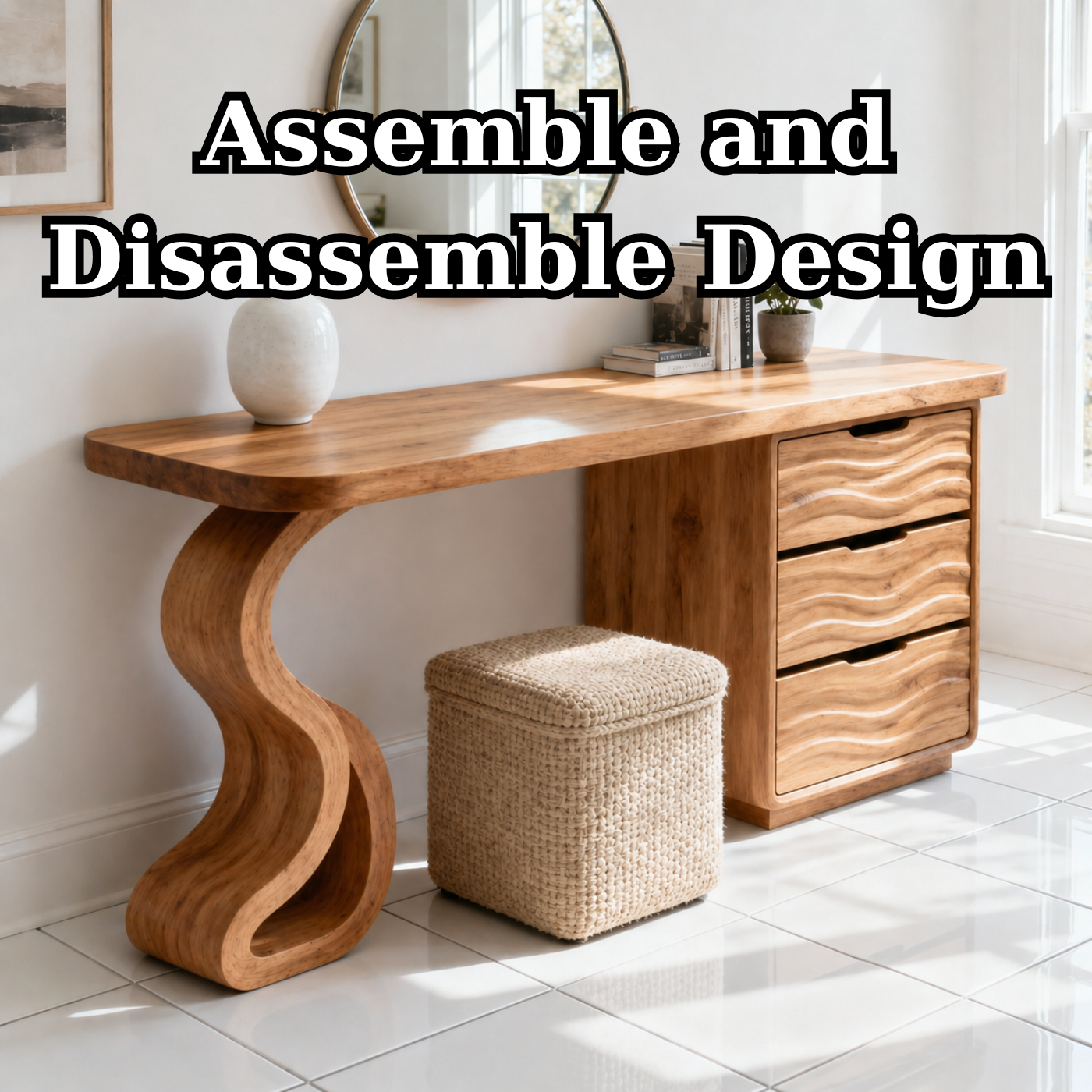 Solid Wood Makeup Vanity Desk with Wave Drawers and Sculptural Curved Base