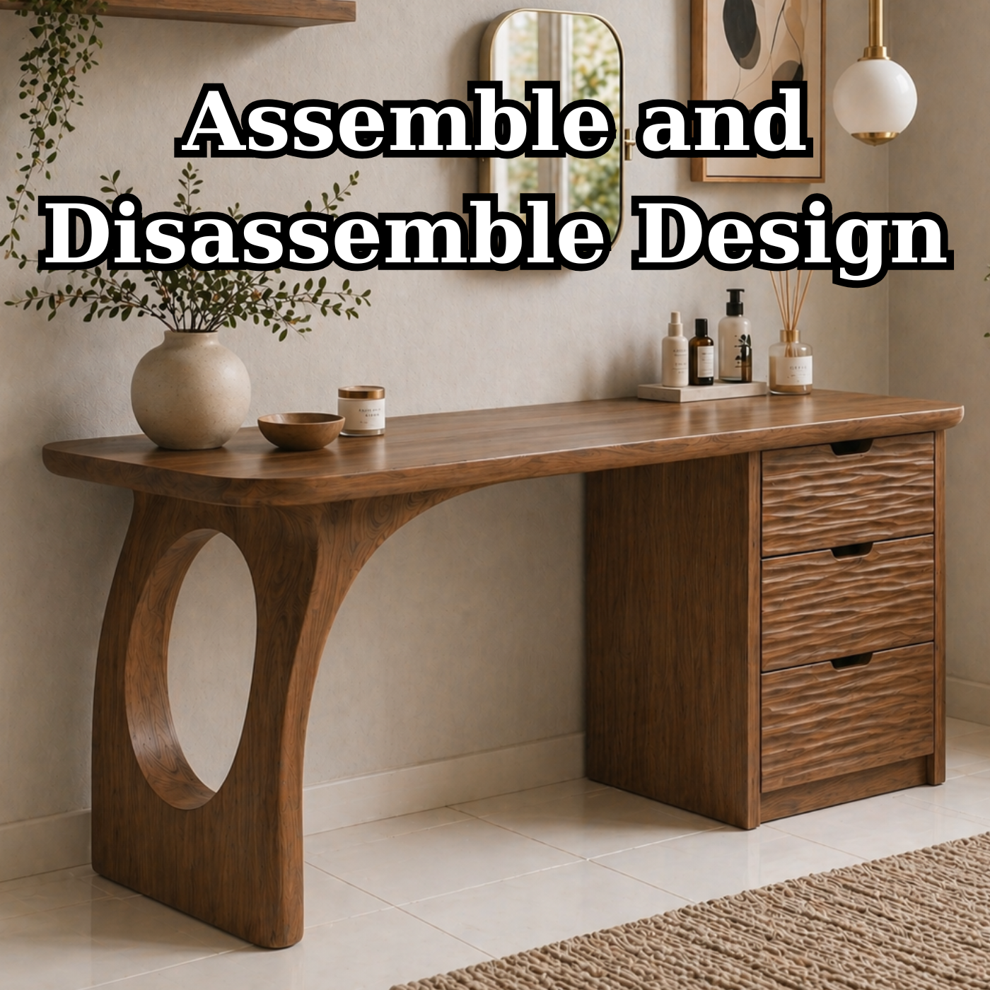 Solid Wood Makeup Vanity Desk with Sculptural Base and Textured Drawers