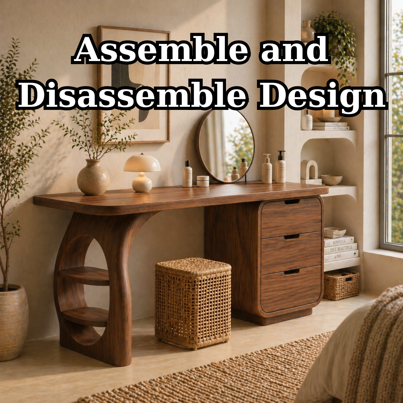 Solid Wood Makeup Vanity Desk with Sculptural Base and Drawer Storage