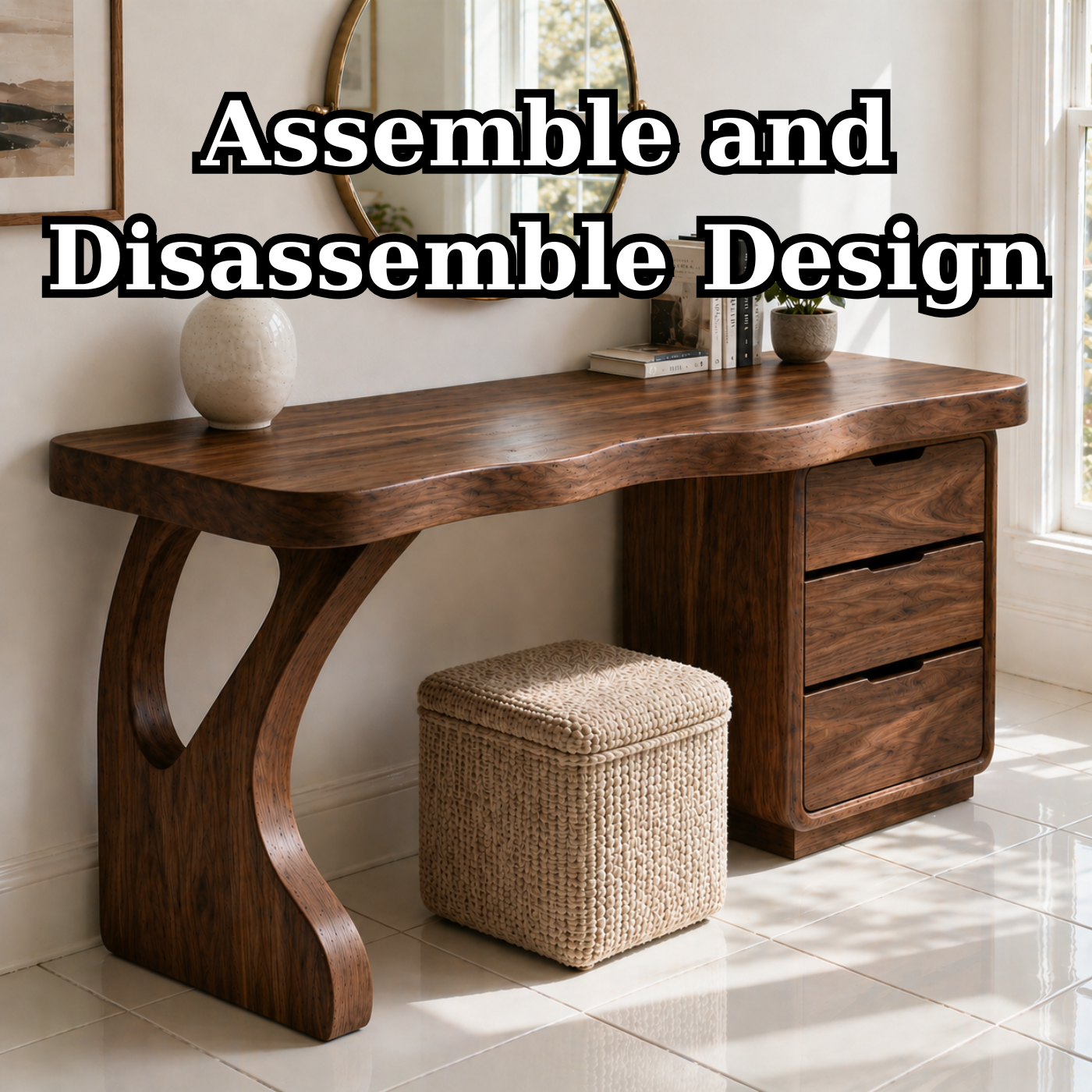 Solid Wood Makeup Vanity with Curved Leg and 3 Drawer Storage