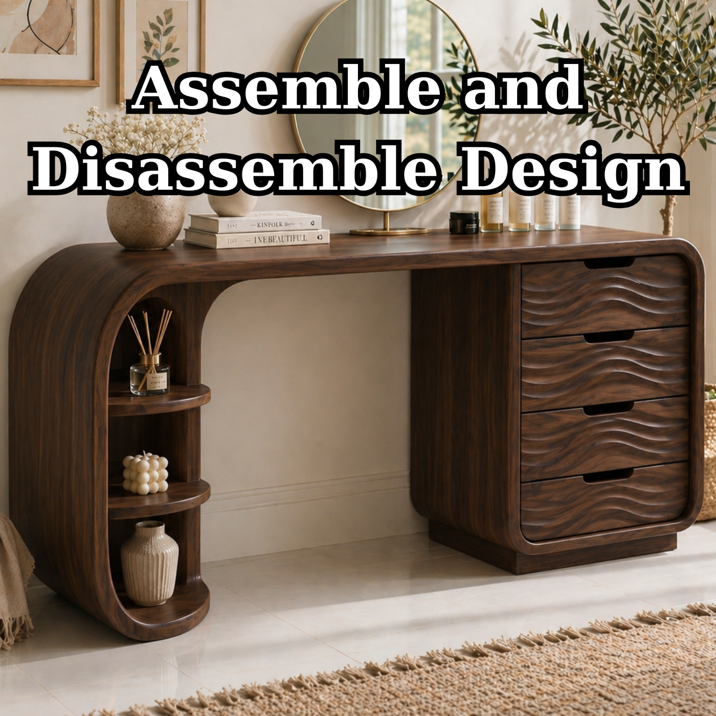 Solid Wood Makeup Vanity Desk with Curved Shelf Base and Wave Drawer Storage