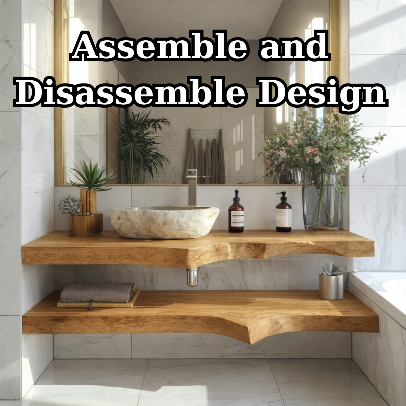 Floating Live Edge Solid Wood Bathroom Vanity with Dual Shelves – Modern Natural Wood Wall Mounted Vanity