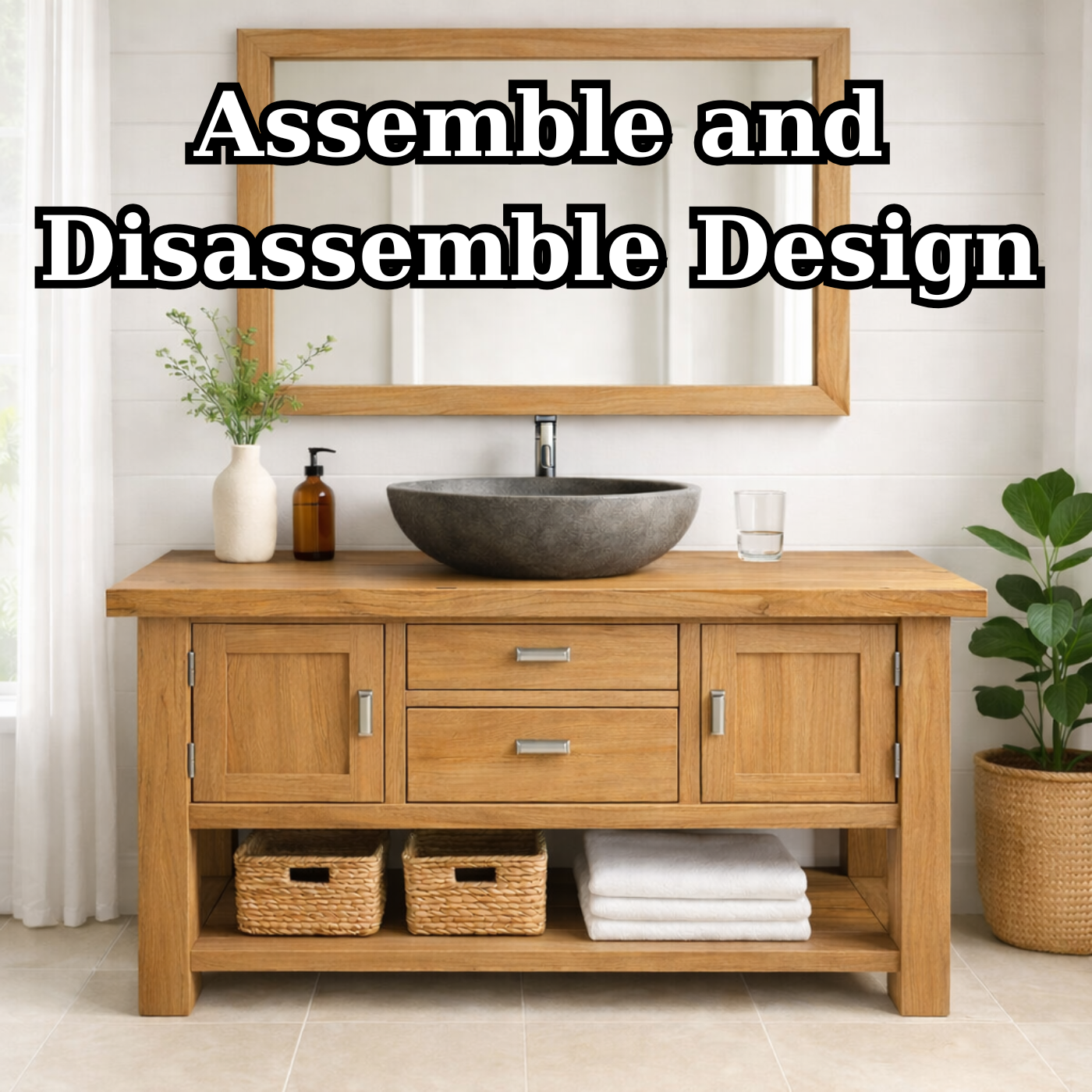 Timeless Solid Wood Bathroom Vanity with Double Side Cabinets, Center Drawers and Open Bottom Shelf