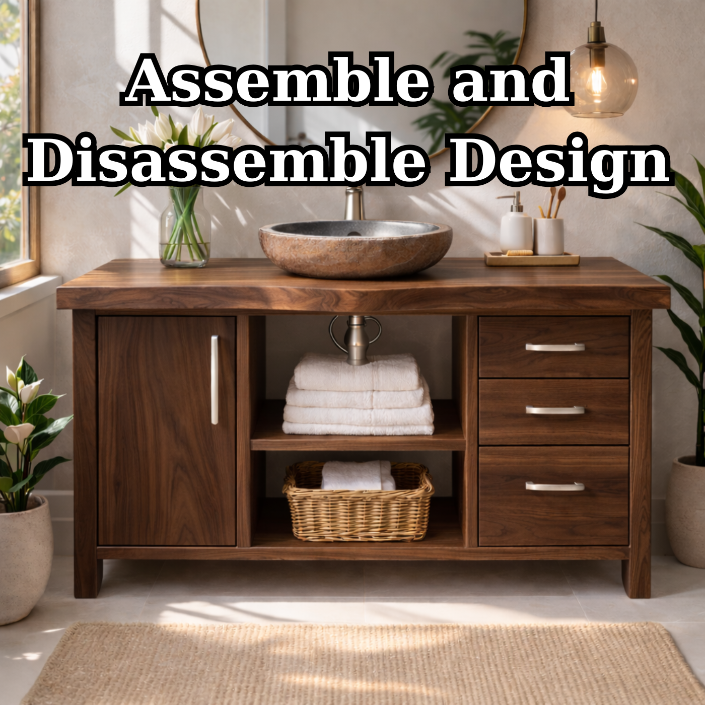 Modern Solid Wood Bathroom Vanity with Side Cabinet, Three Drawers and Open Display Shelving